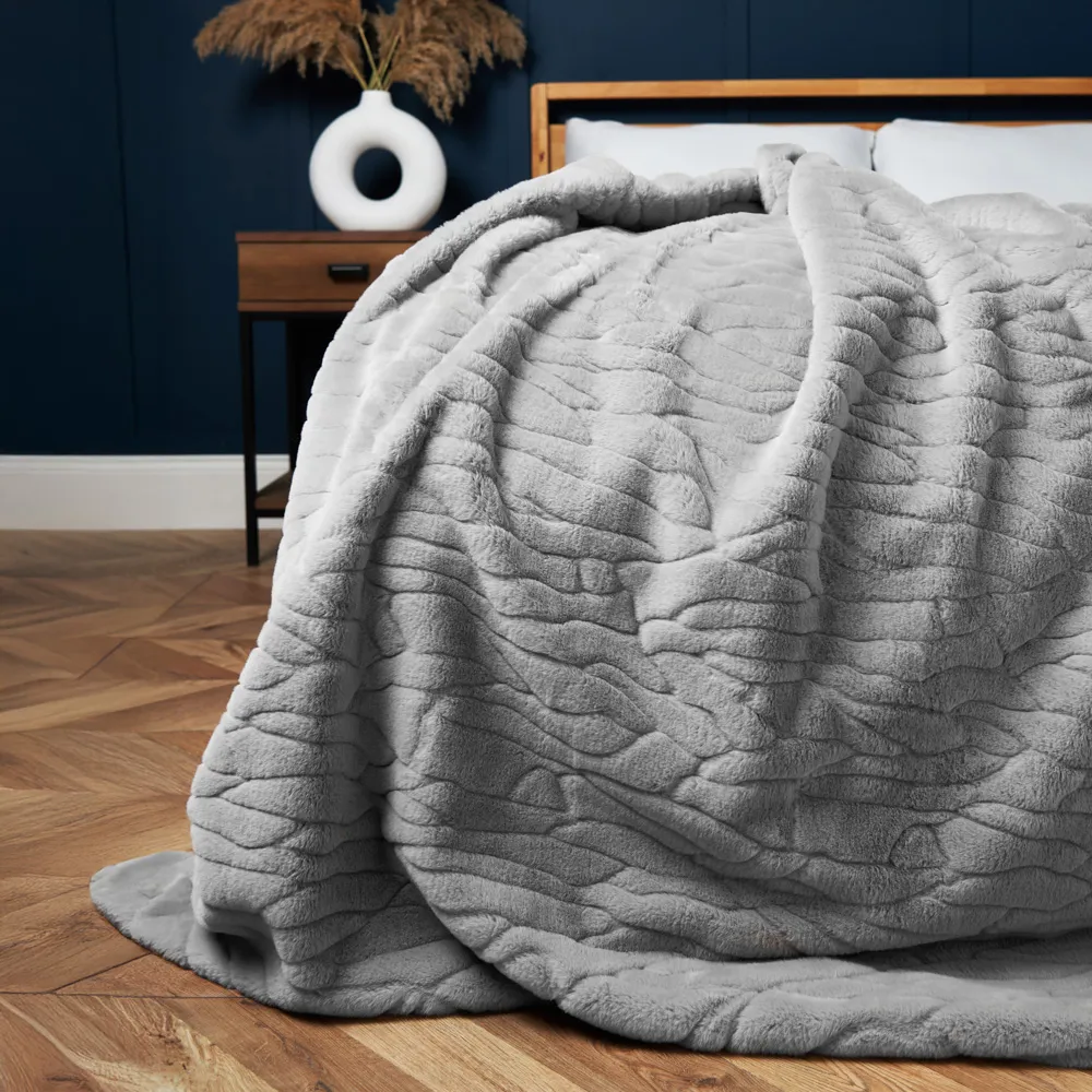 Bergen Embossed Faux Fur Throw, Grey
