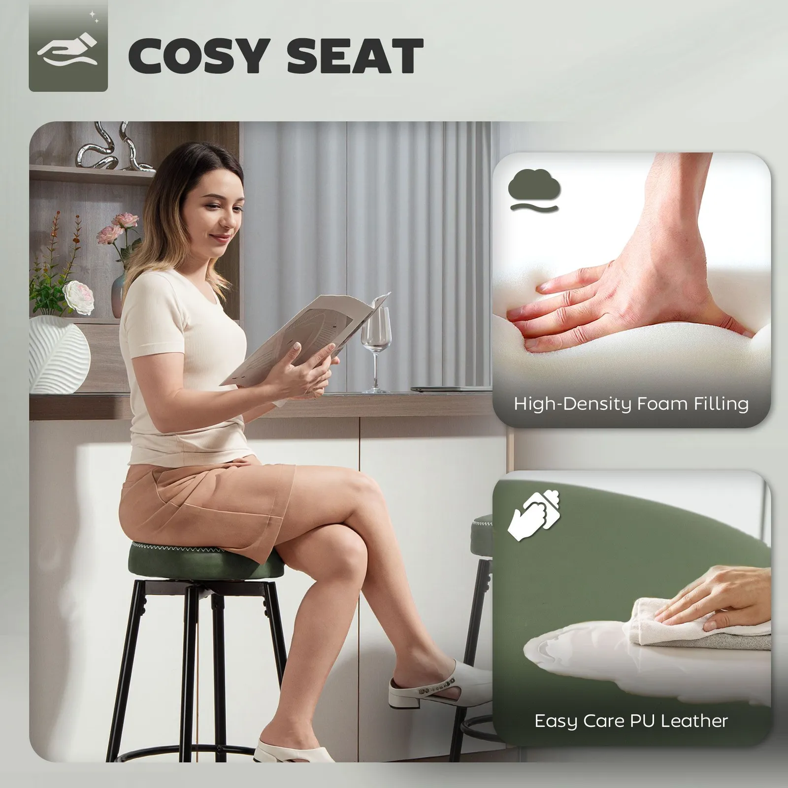 HOMCOM 360 Degree Swivel Bar Stools Set of 2, PU Leather Barstools with Footrest in Green 6