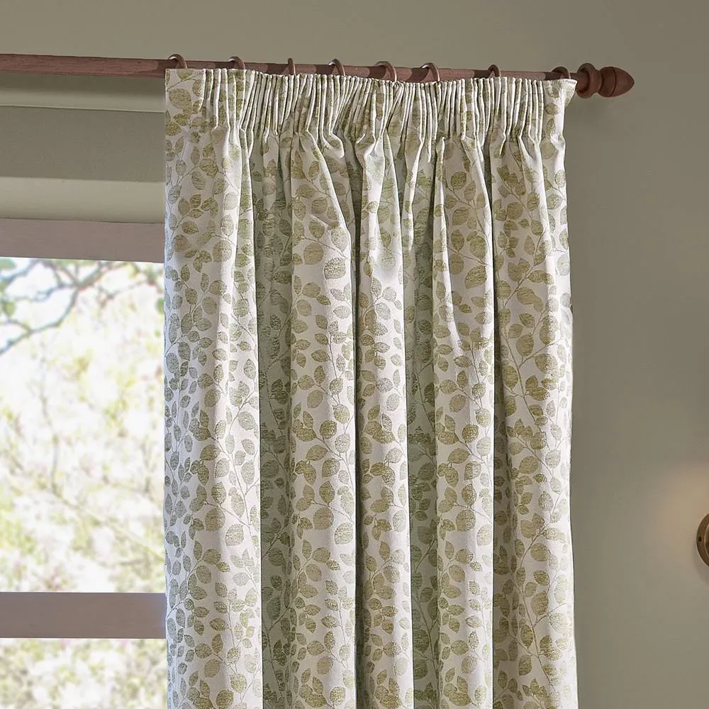 Wylder Grace Leaf Jacquard Fully Lined Pencil Pleat Curtain Pair in Pale Green 4