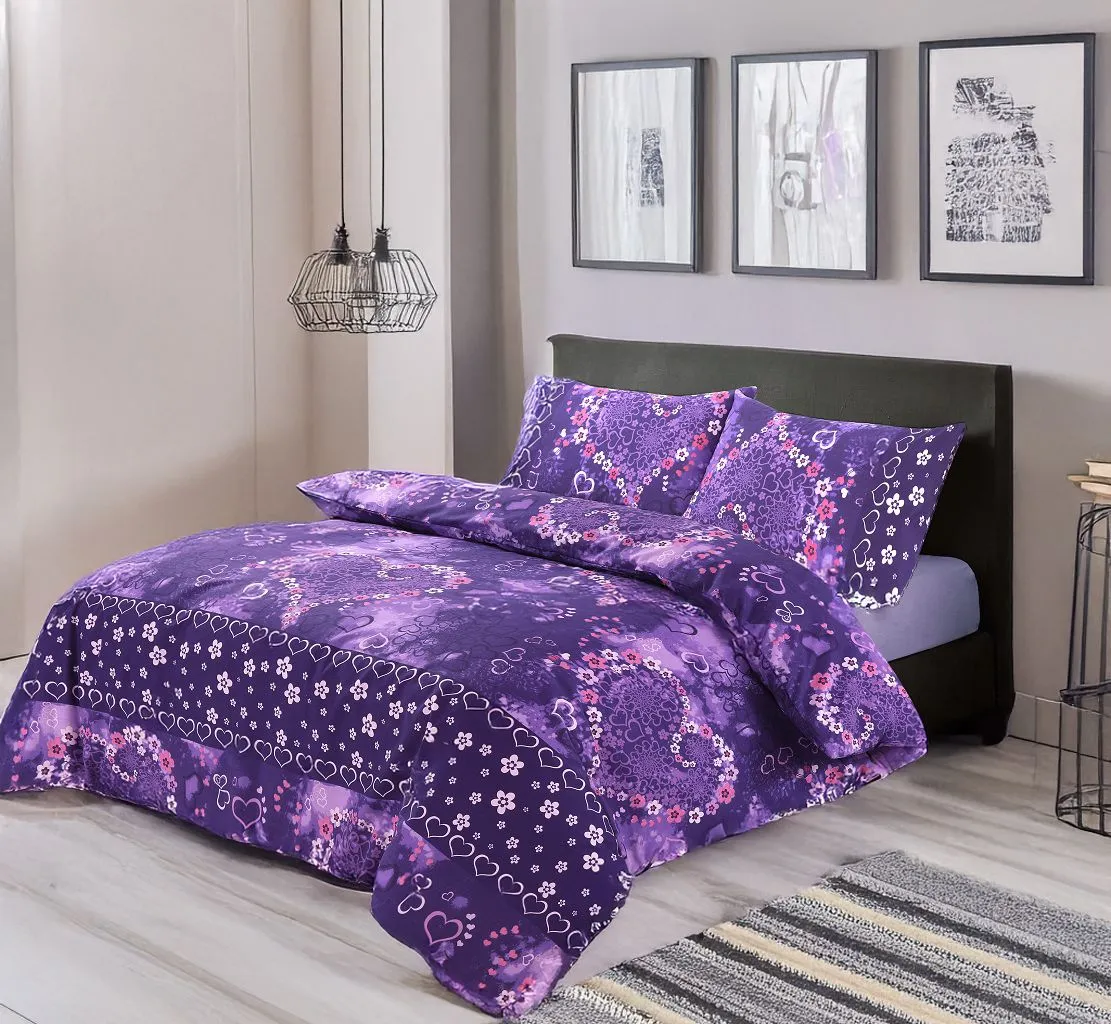 Snug City Duvet Cover & Pillowcase Set Love Heart Design Polycotton Bed Linen in Purple
