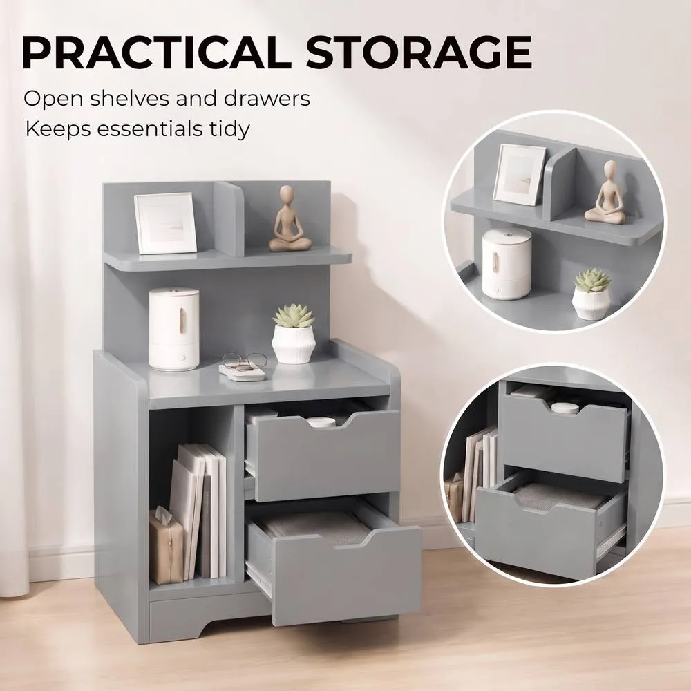 HOMCOM Modern Bedside Table with 2 Drawers & Open Shelves for Bedroom in Grey 5