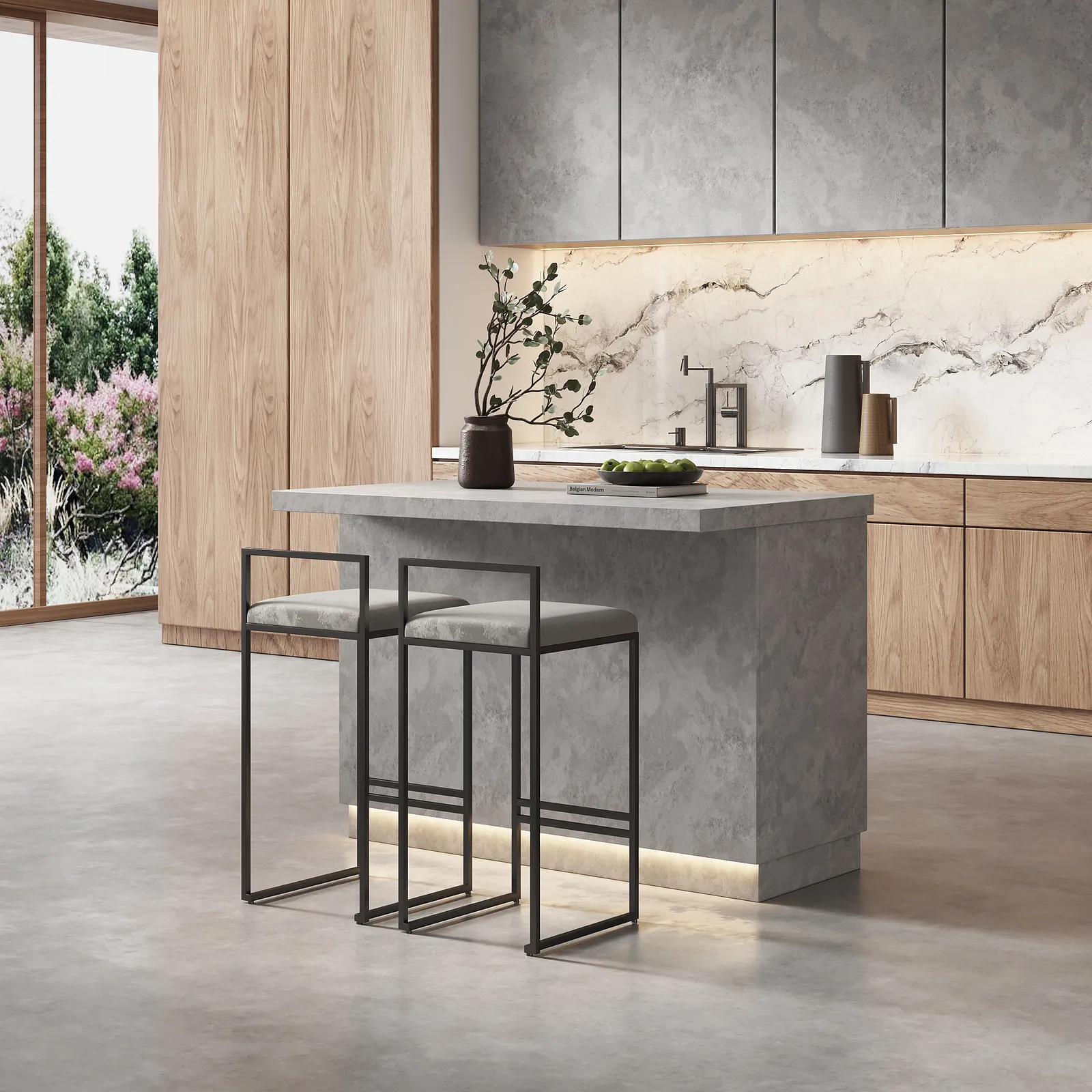 1270mm Japandi Kitchen lsland  Gray Wooden Storage Kitchen Cabinet with Light