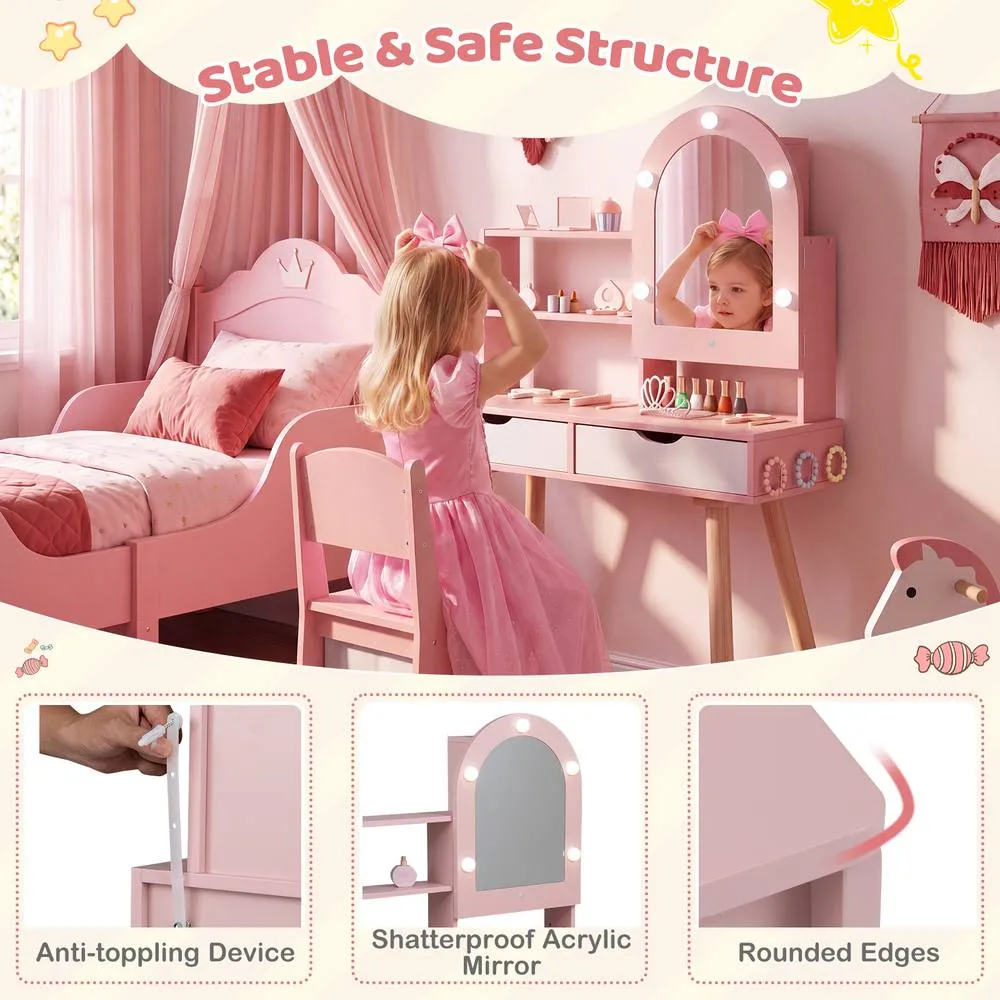 Costway 2-In-1 Princess Vanity Table & Chair Set with Mirror in Pink 6