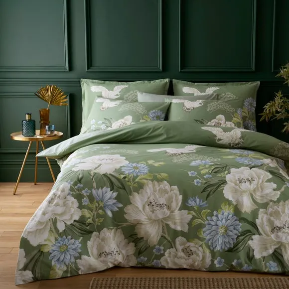 Cranes Floral 100% Cotton Duvet Cover & Pillowcase Set 1