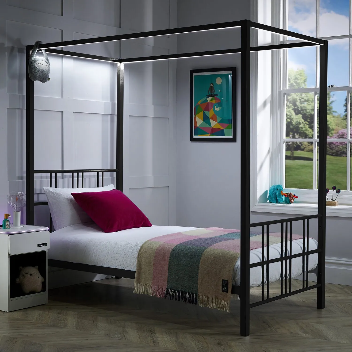 X Rocker Fern Four Poster Bed, Metal Bed Frame with LED Lighting in Black 1