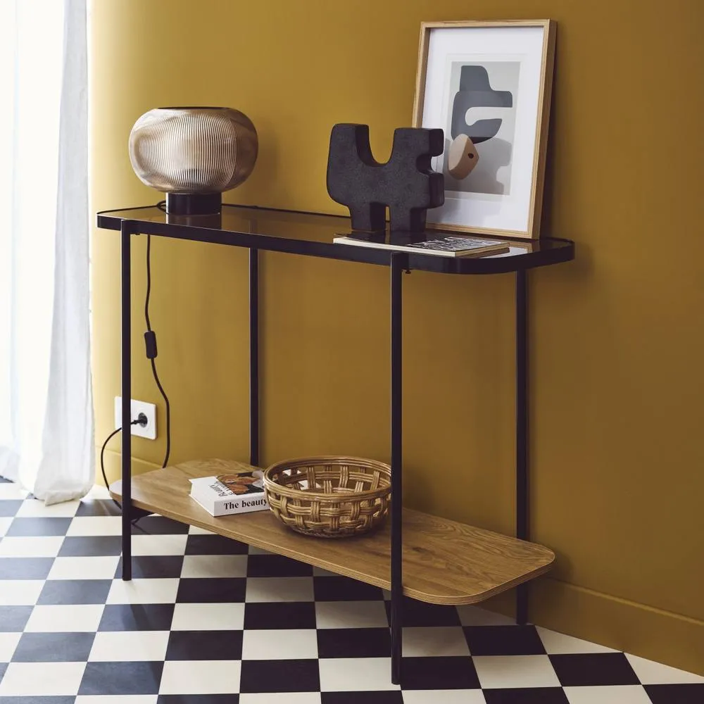 sweeek 110cm Vintage Console With Black Metal & Wood Effcet in Light Brown 4
