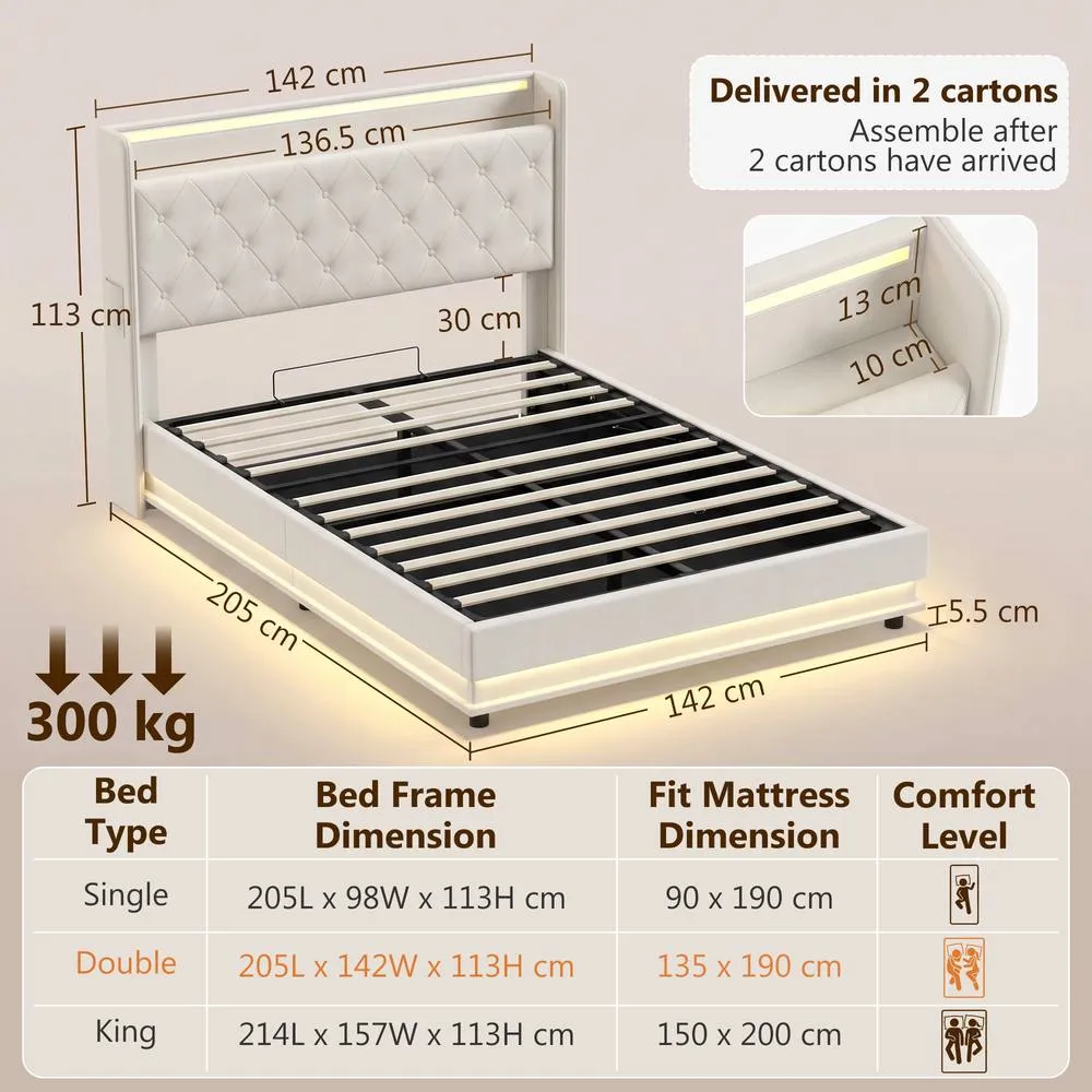HOMCOM Lift up Storage Bed Frame with RGB LED Lights, 135 x 190cm, Cream 3