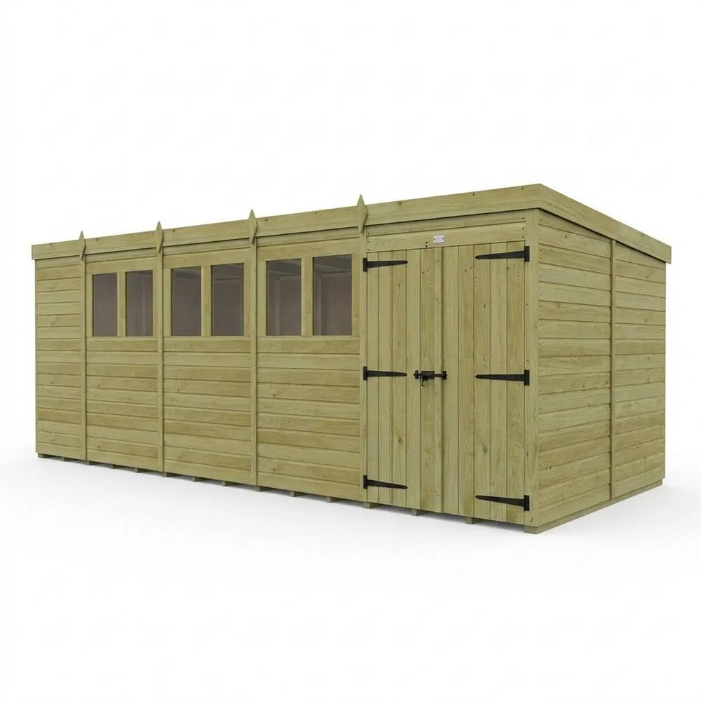 Buttercup Farm 19ft x 10ft Pent Garden Shed Double Door With Windows - Timber in Brown