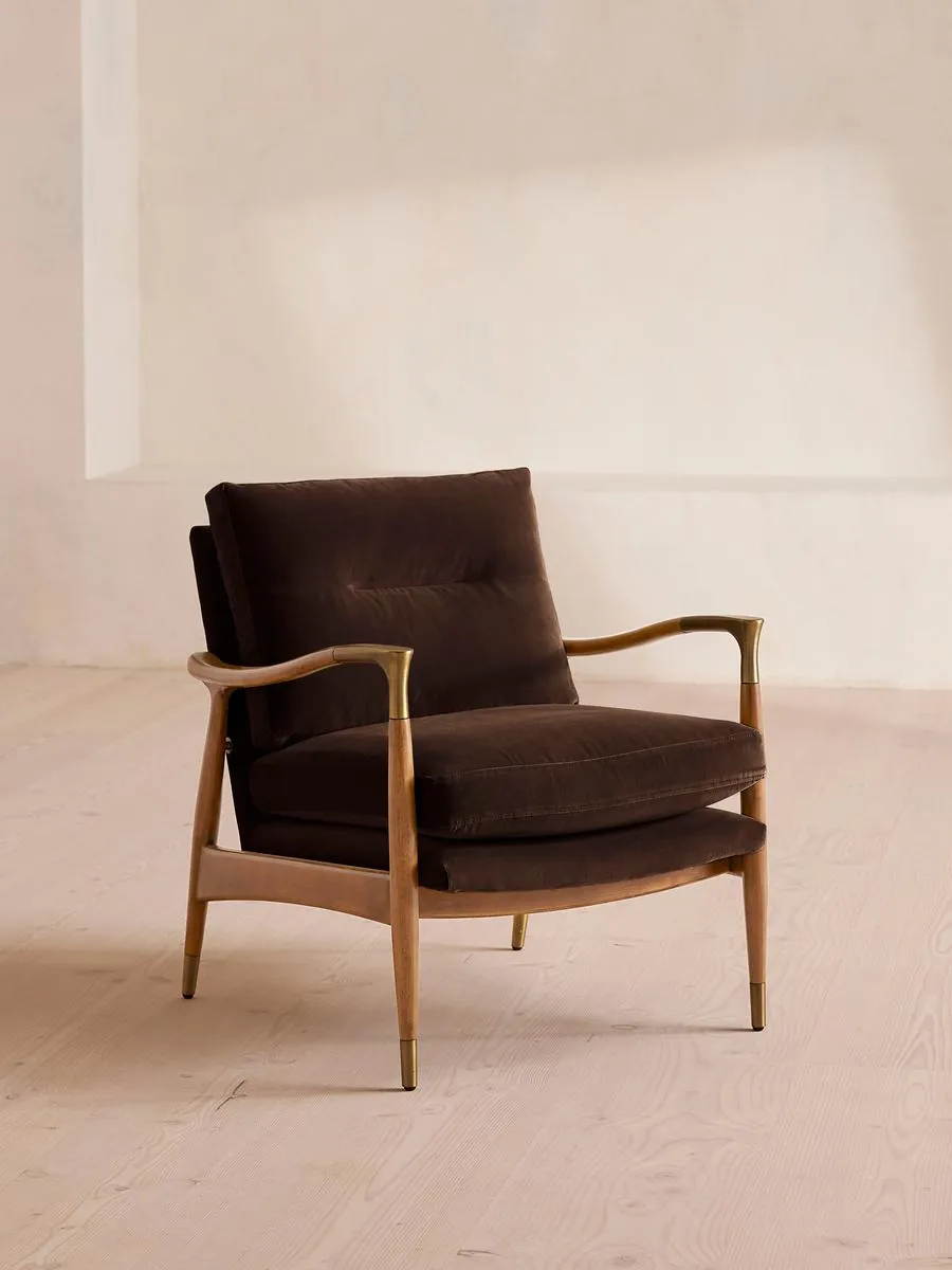 Theodore Oak Armchair, Velvet, Chocolate Brown