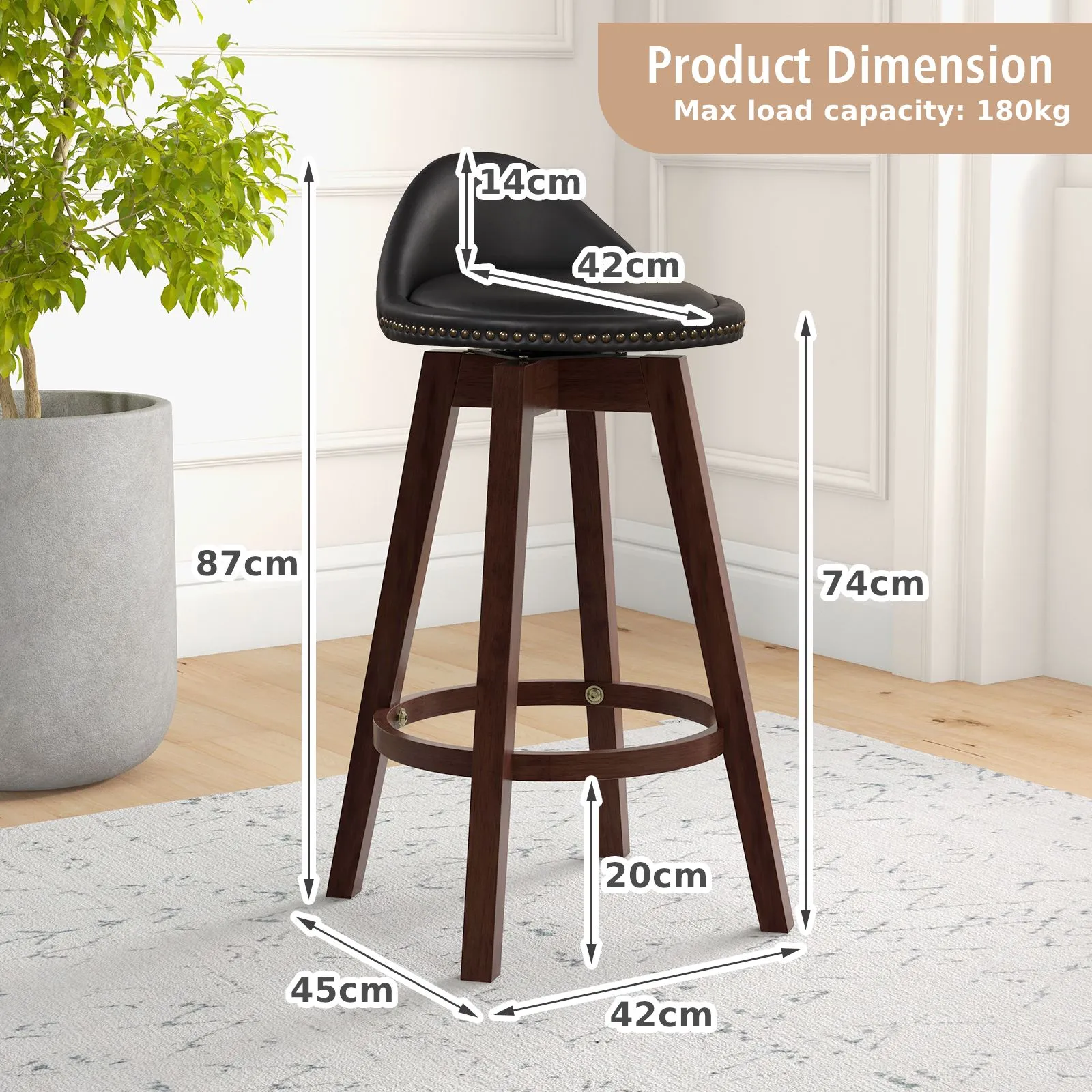 Costway Set of 2 Bar Stools PVC Leather Counter Height Chair 360° Swivel Padded Seat in Black 2