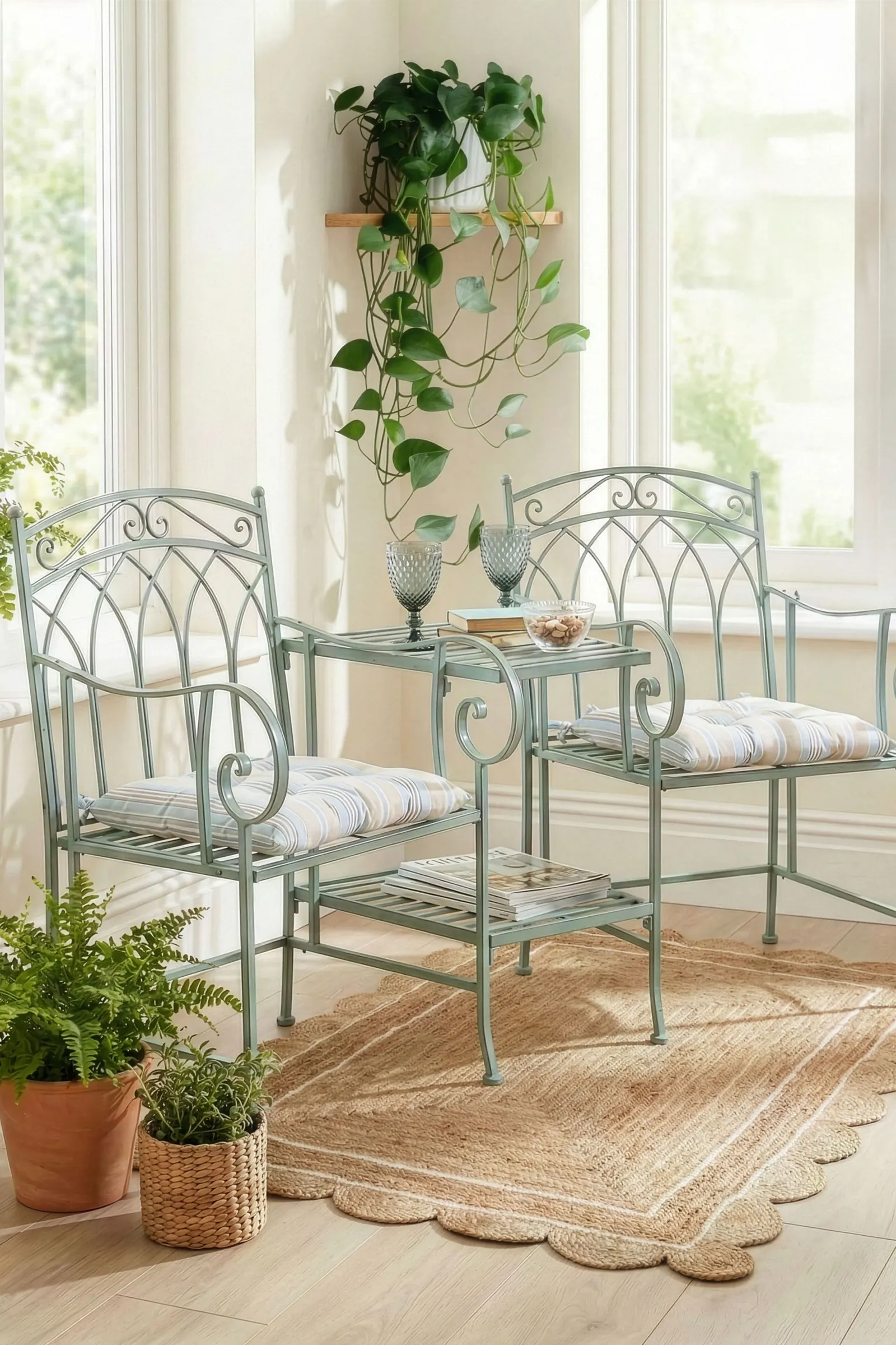 Dibor Vintage Green Iron Arched Indoor Outdoor Garden Furniture Companion Seat Garden Bench