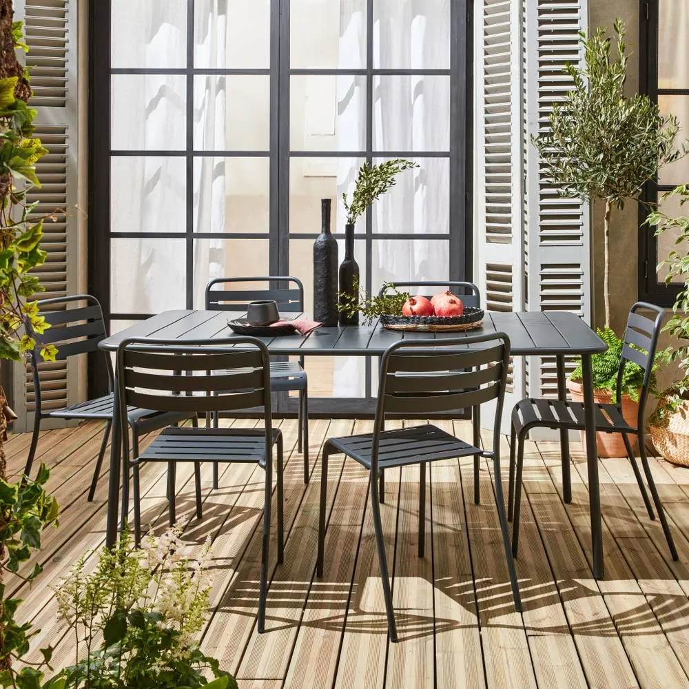 sweeek 6-8 Seater Rectangular Steel Garden Table Set With 6 Chairs in Dark Grey