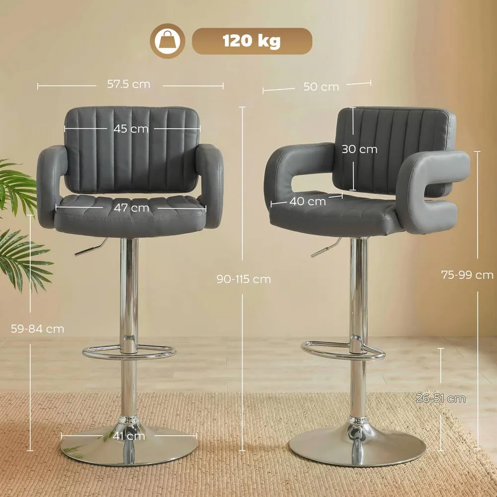 HOMCOM Bar Stools Adjustable Swivel with Armrest Set of 2 Grey 3