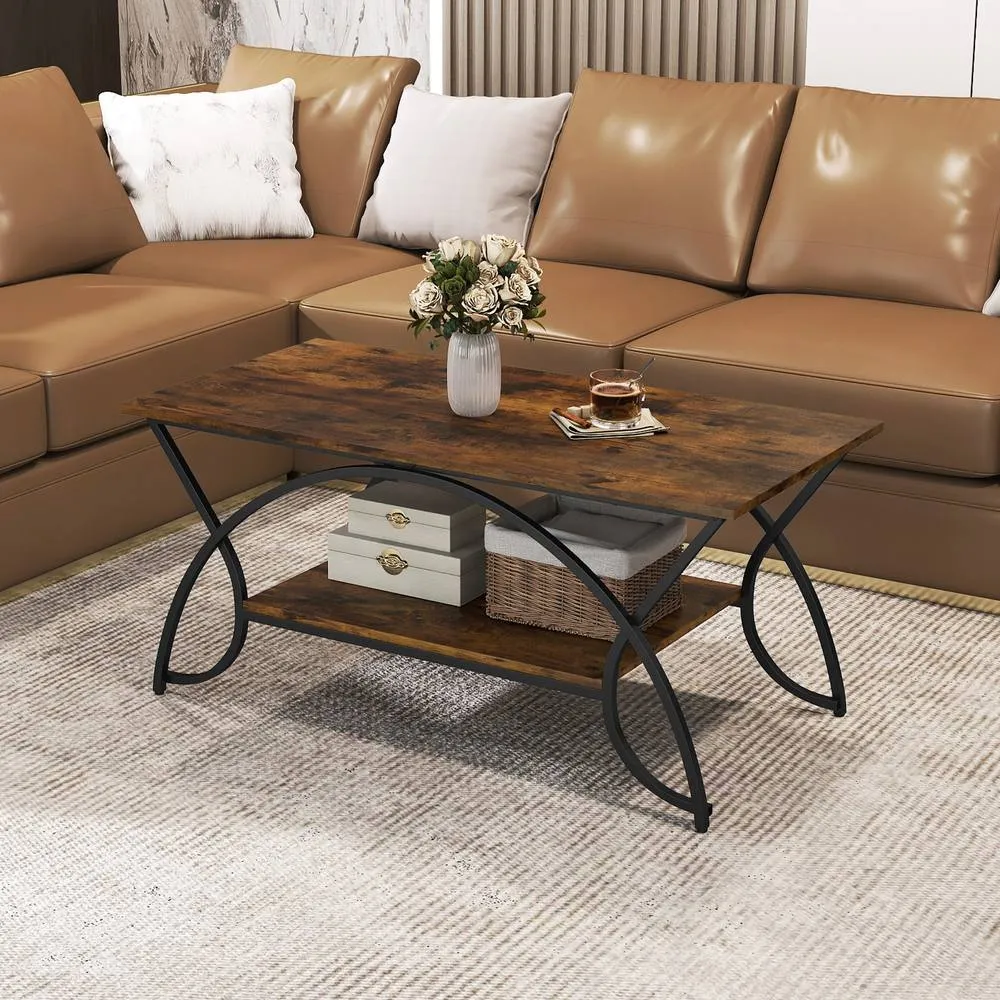 Costway 2-Tier Faux Marble Coffee Table Modern Cocktail Center Table w/ Shelf in Brown 4