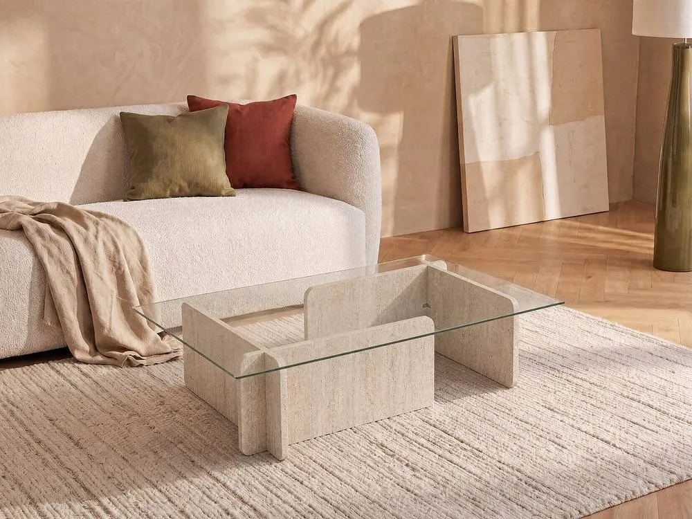 Vente-unique Tempered Glass Coffee Table - Beige Travertine Effect & Clear - AZRA