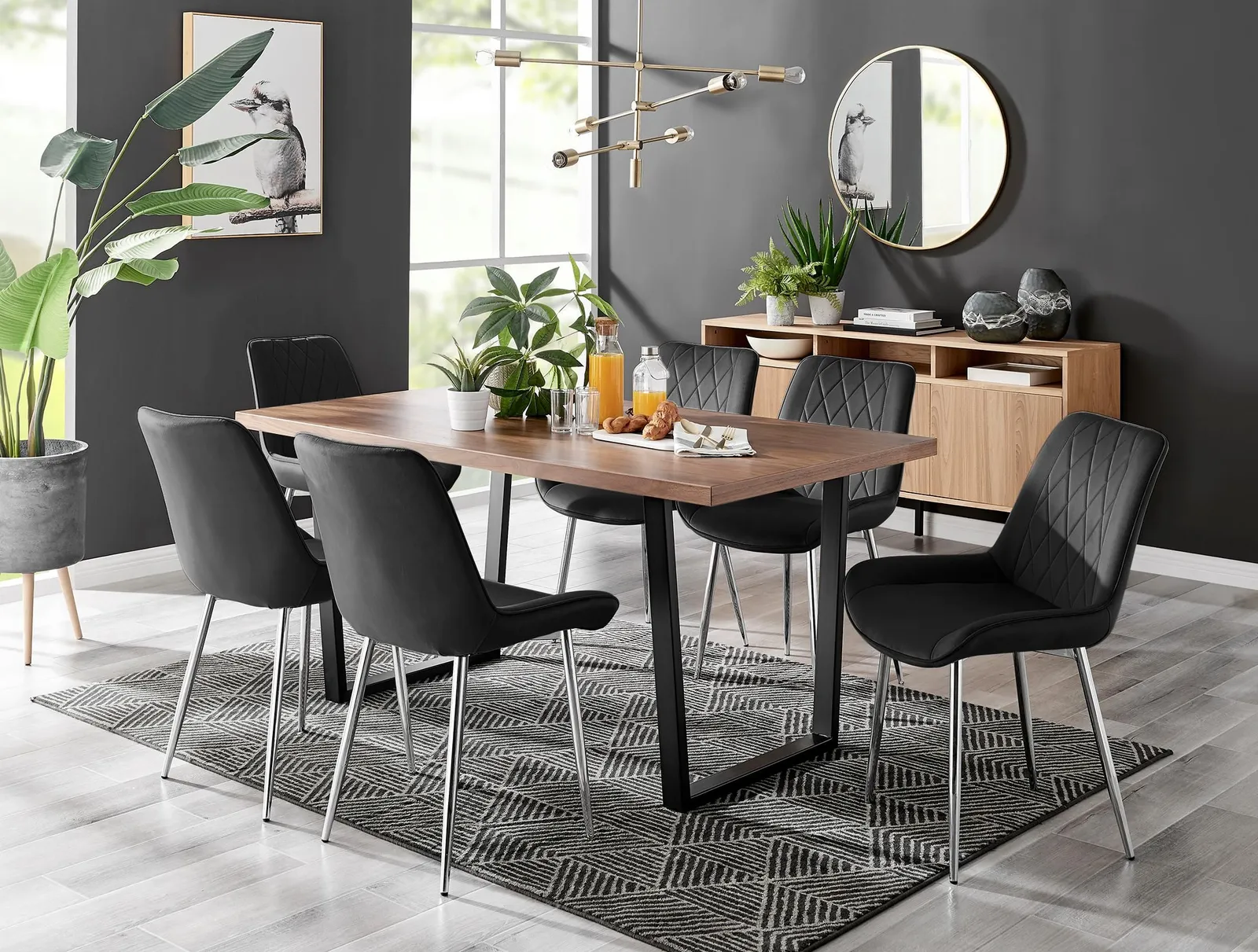 FurnitureboxUK Kylo Large Brown Wood Effect Dining Table & 6 Pesaro Velvet Silver Leg Chairs in Black 1
