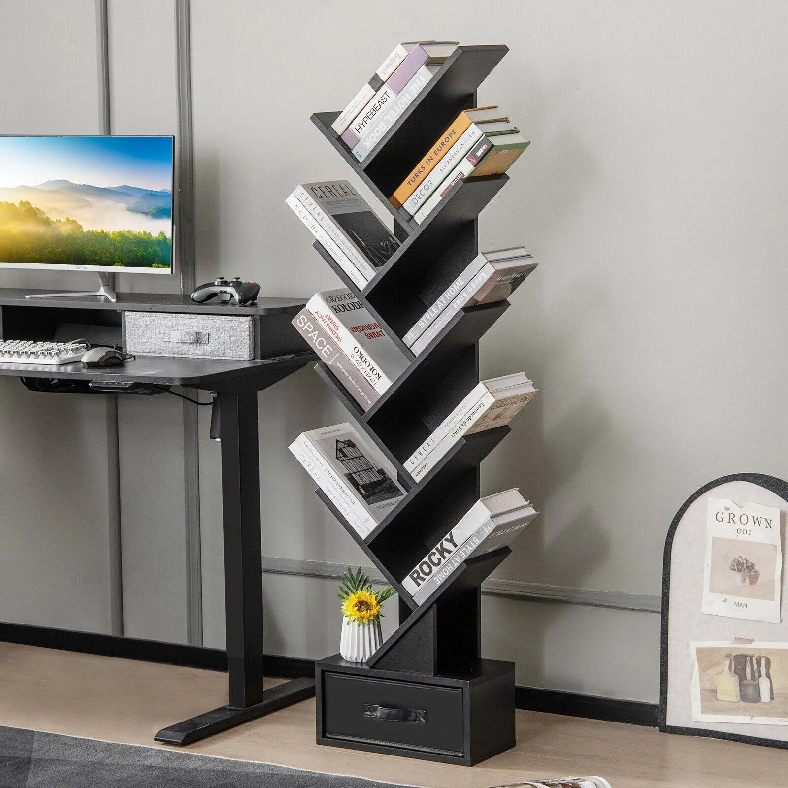 Costway 10 Tiers Bookshelf Display Bookcase Tree Shaped Storage Rack Shelves with Drawer in Black 5