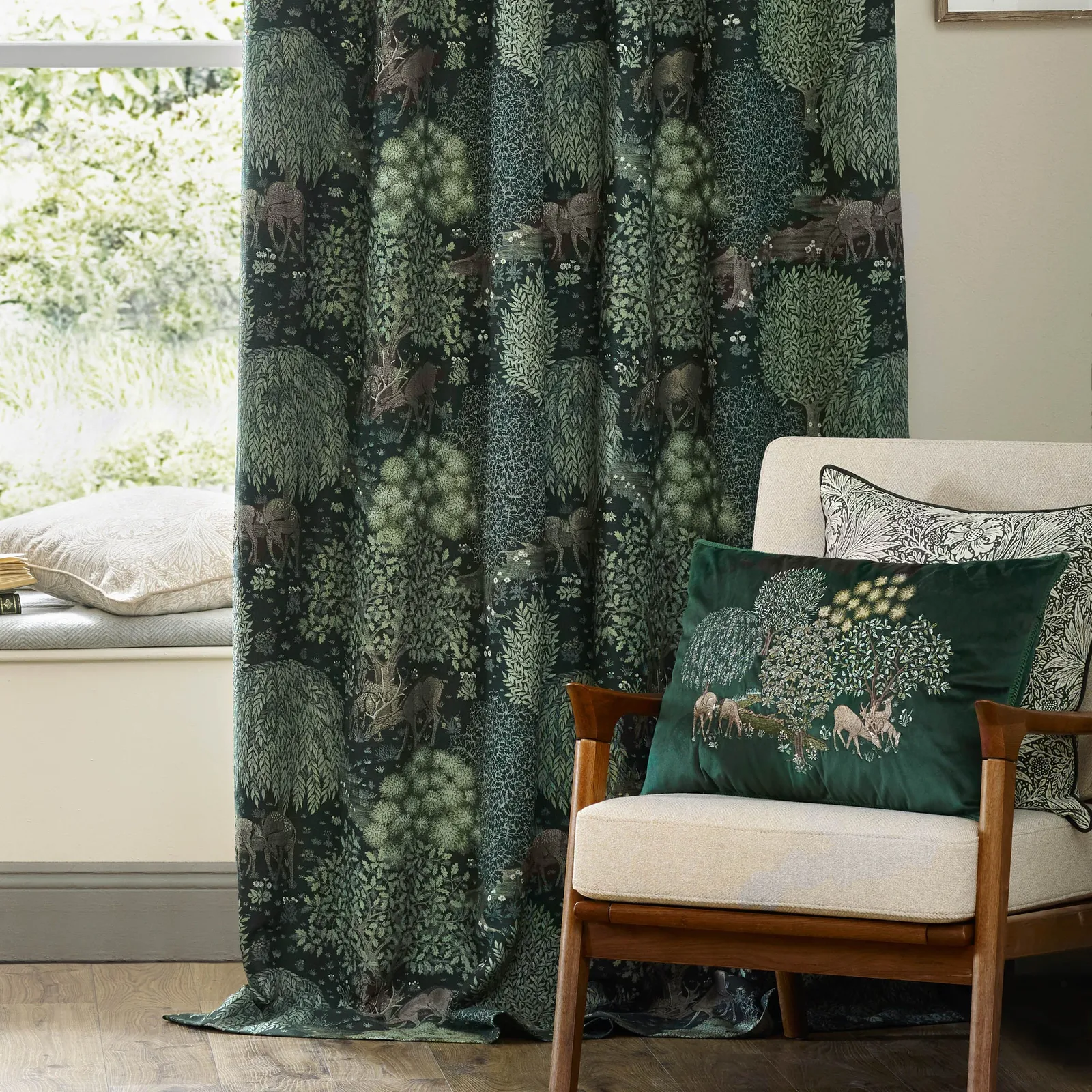 Morris & Co Brook Woodland Jacquard Room Darkening Pencil Pleat Curtains in Green 4
