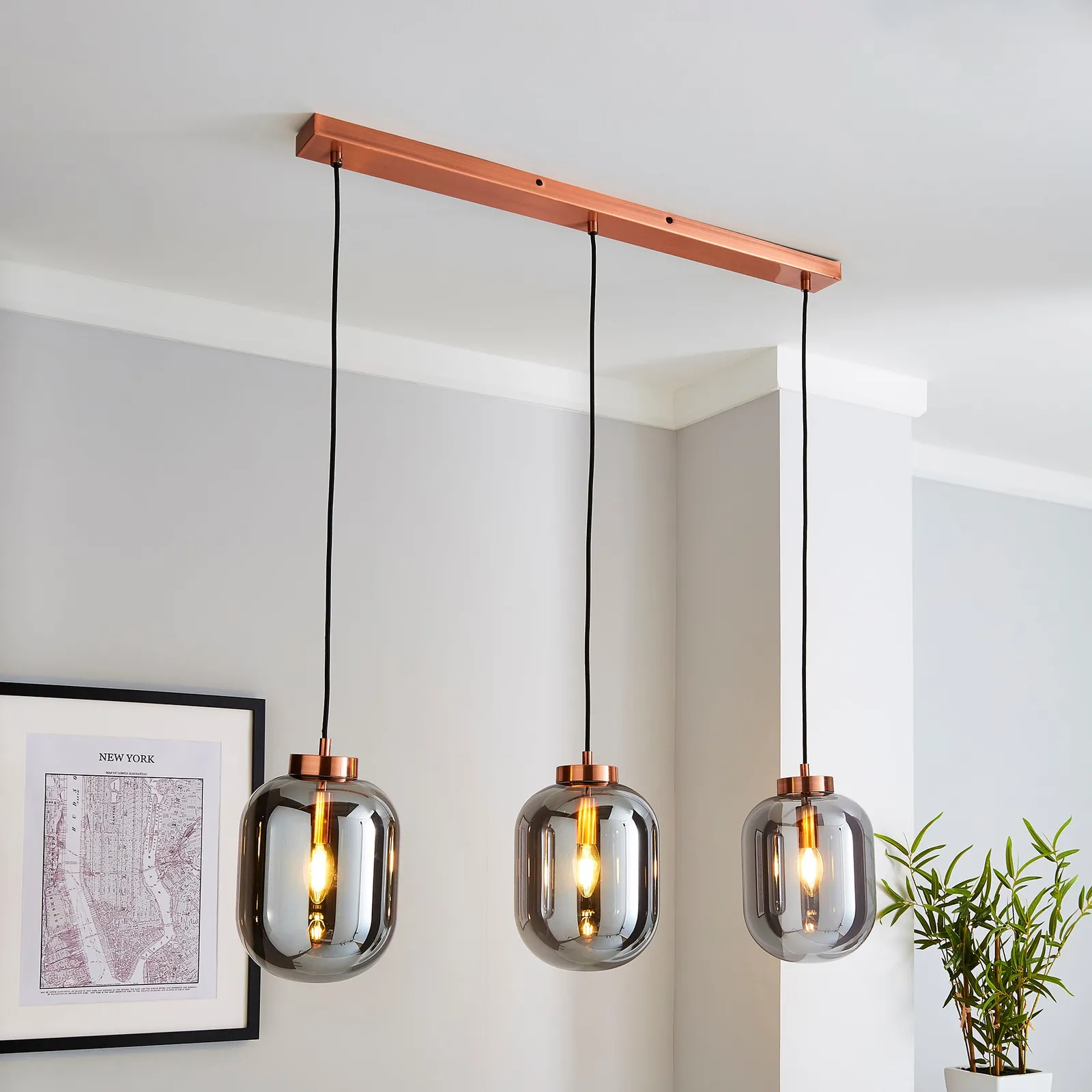Hunter 3 Light Glass Diner Bar Ceiling Fitting Grey