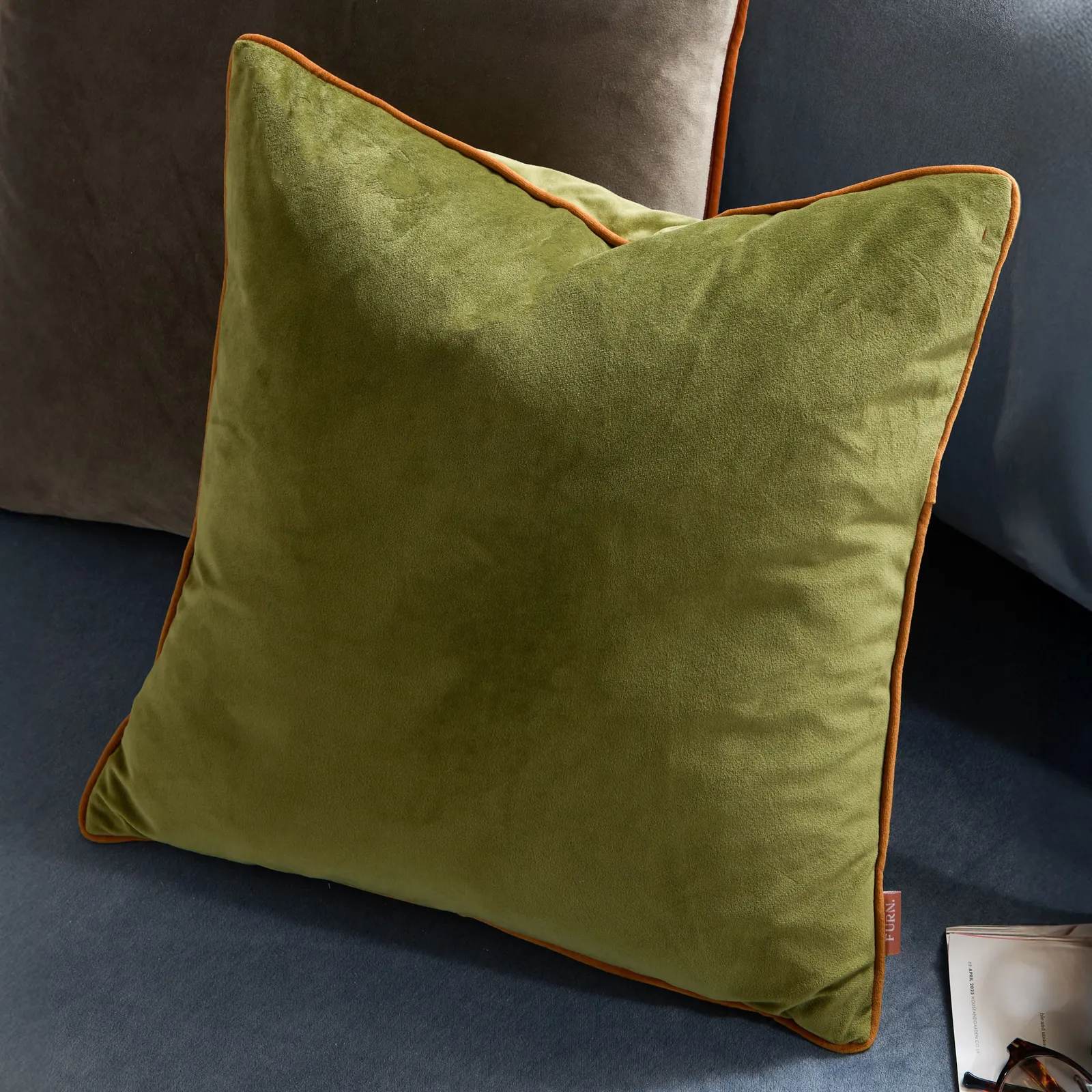 Furn Meridian Velvet Piped Cushion in Olive