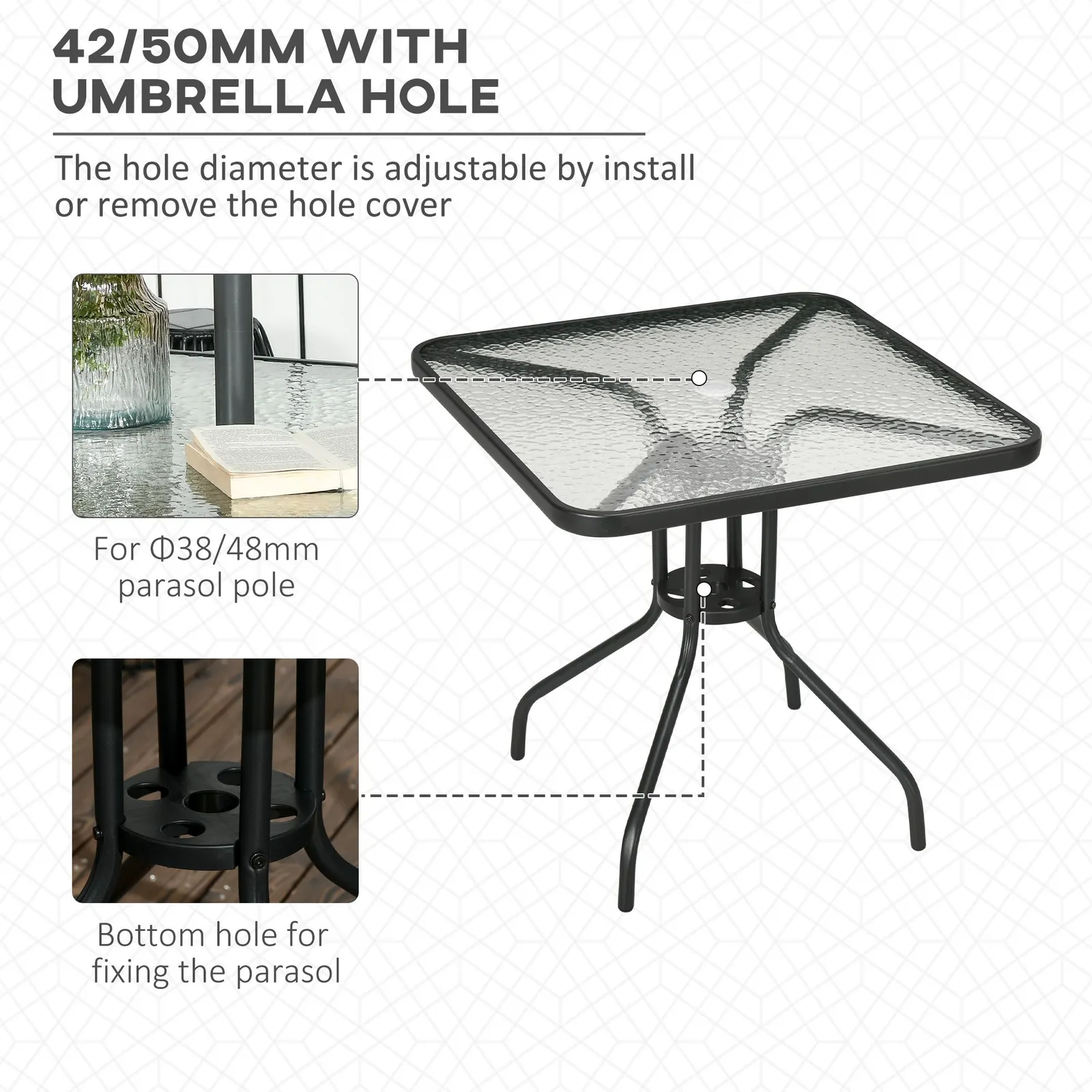 OUTSUNNY Square Patio Table, Glass Top Garden Dining Table 76 x 76cm in Black 4