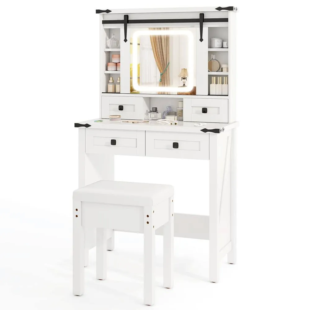 Costway Makeup Vanity Desk Set Wooden Dressing Table & Stool w/Mirror & Lights in White 3