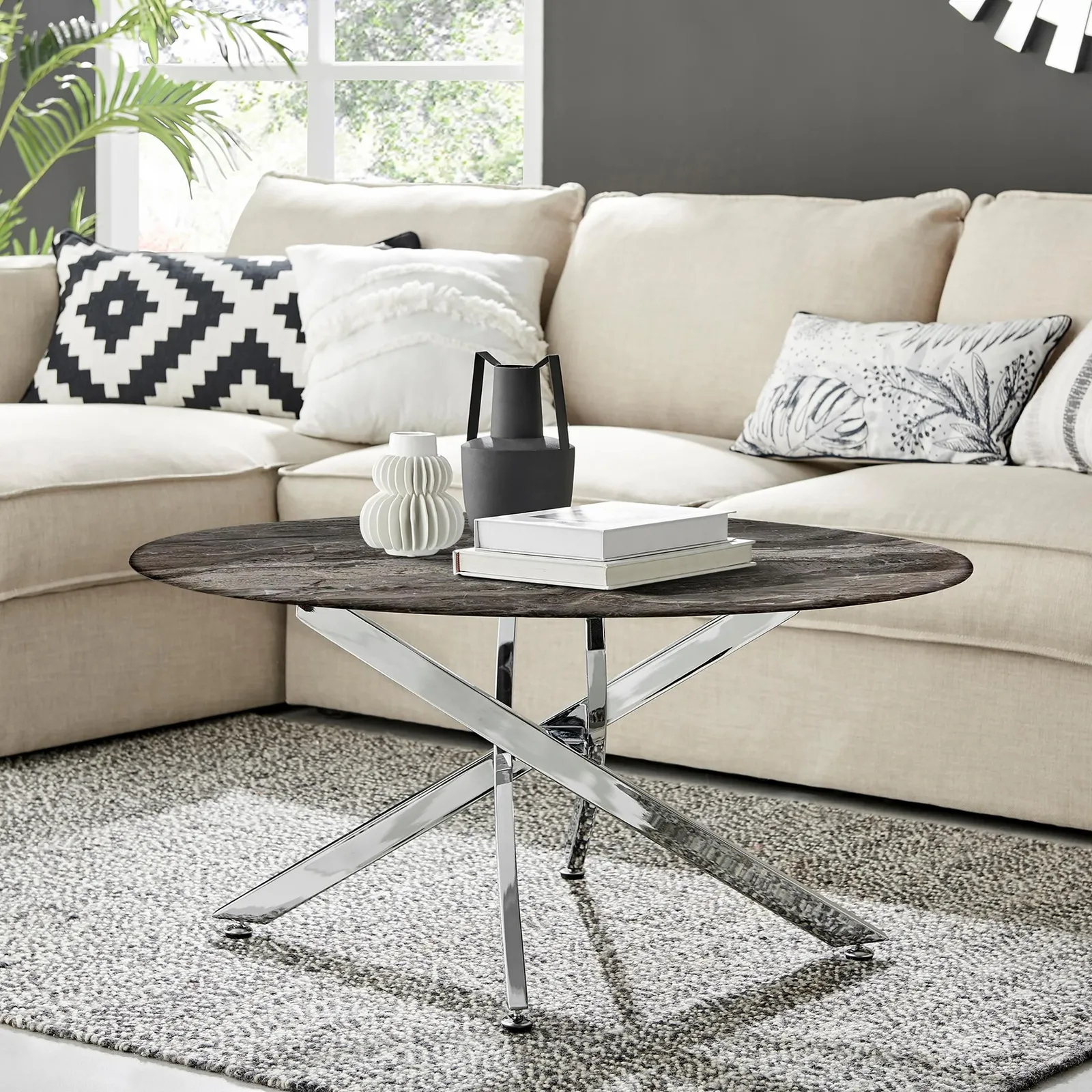 FurnitureboxUK Novara Round Marble Effect Glass Top Coffee Table With Silver Metal Starburst Legs in Grey 1