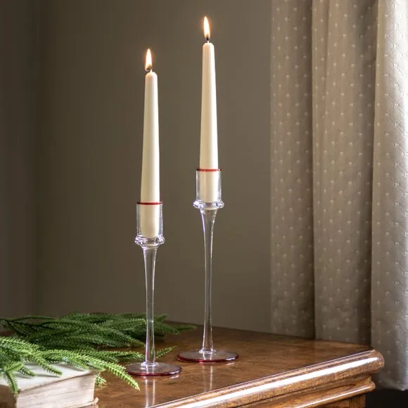 Set of 2 Red Rim icicle Glass Candle Stick Holders