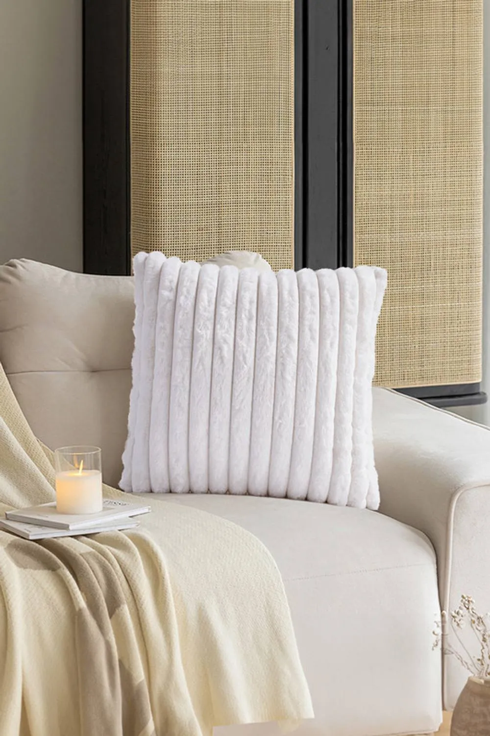 Living and Home 45x45cm Brushed Fabric Cushion Fluffy Striped Throw Pillow in White
