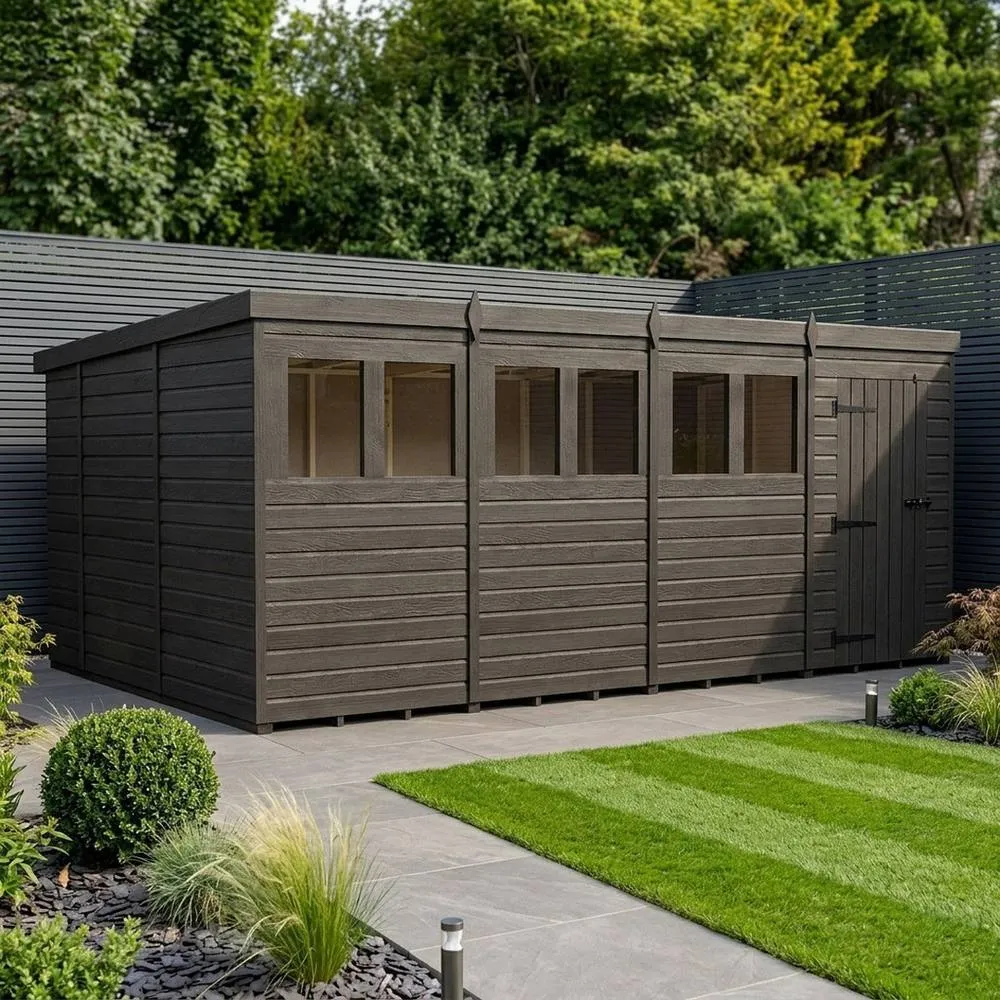 Buttercup Farm 16ft x 10ft Composite Pent Garden Shed Single Door With Windows in Grey 2