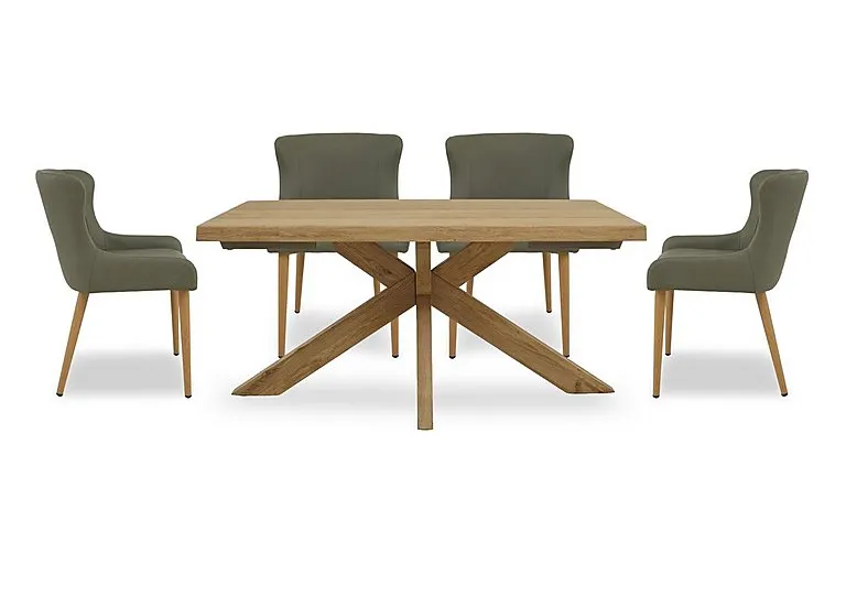 Riga Dining Table with Wooden Star Base and 4 Upholstered Chairs - 140-cm - Green