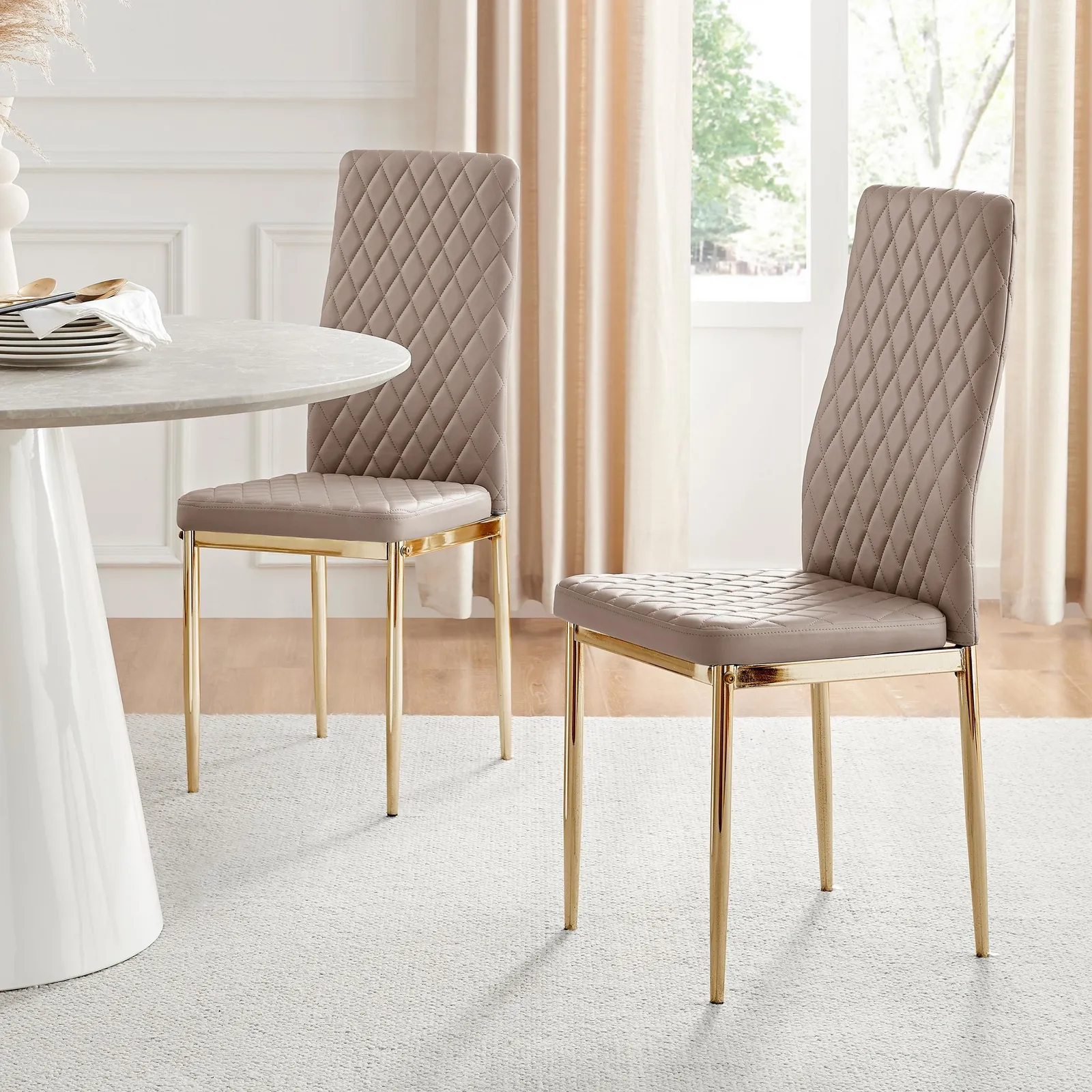 FurnitureboxUK Set of 4 Milan High Back Soft Touch Diamond Pattern Faux Leather Dining Chairs With Gold Chrome Metal Legs in Beige