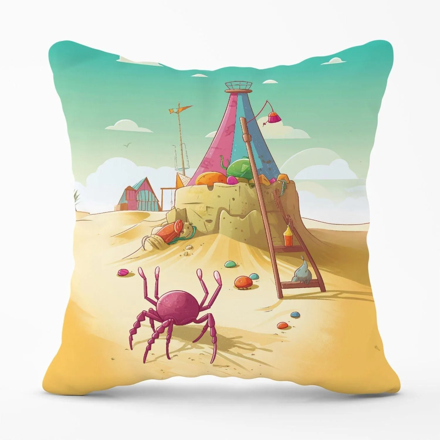 Warren Reed - Designer Crab On A Beach Holiday Outdoor Cushion in Yellow