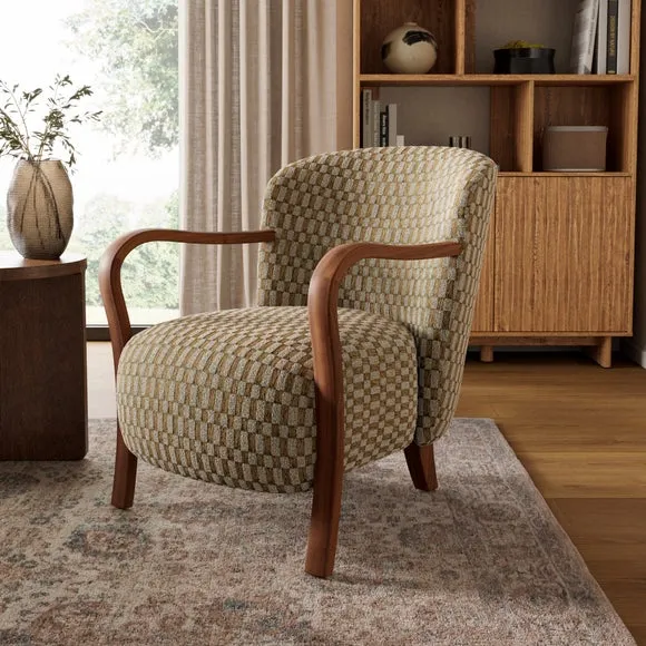 Clara Checkerboard Chenille Wooden Arm Accent Chair