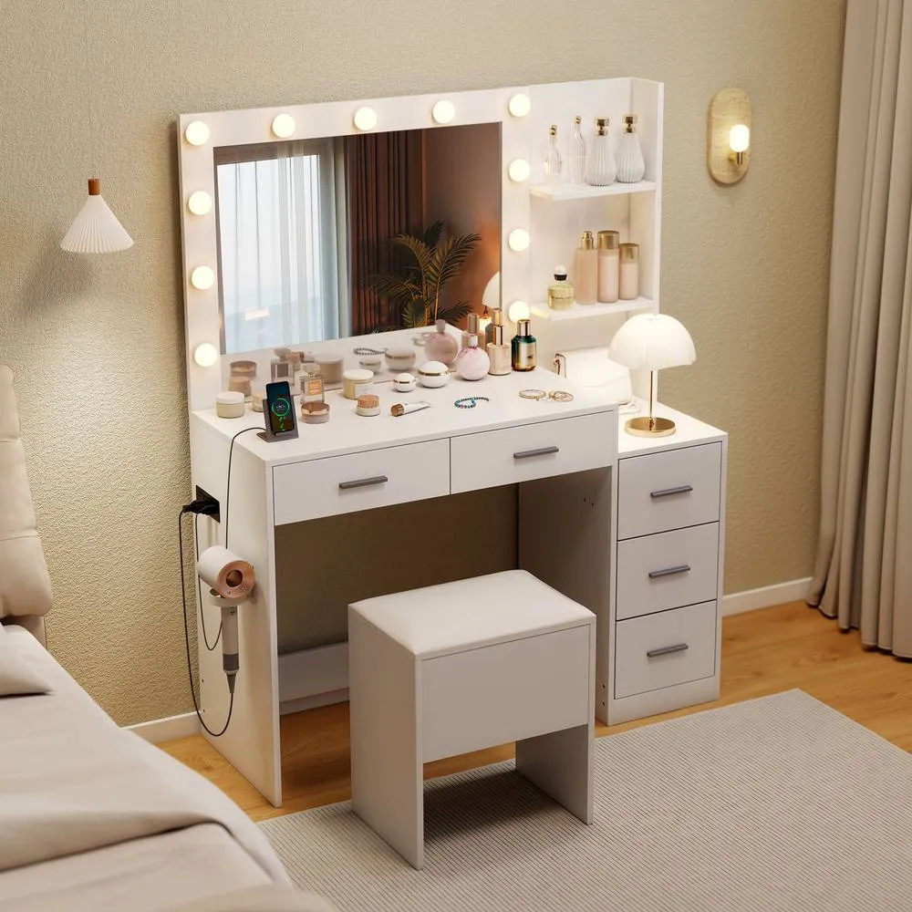 Costway Modern Vanity Desk w/5 Drawers &Stool Makeup Table Set w/Power Outlets in White 4