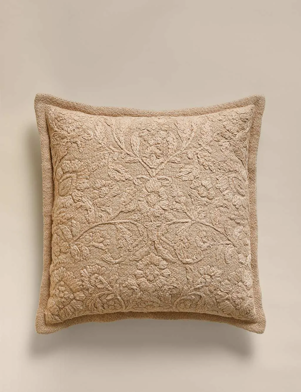 M&S Cotton Rich Floral Embroidered Cushion Biscuit