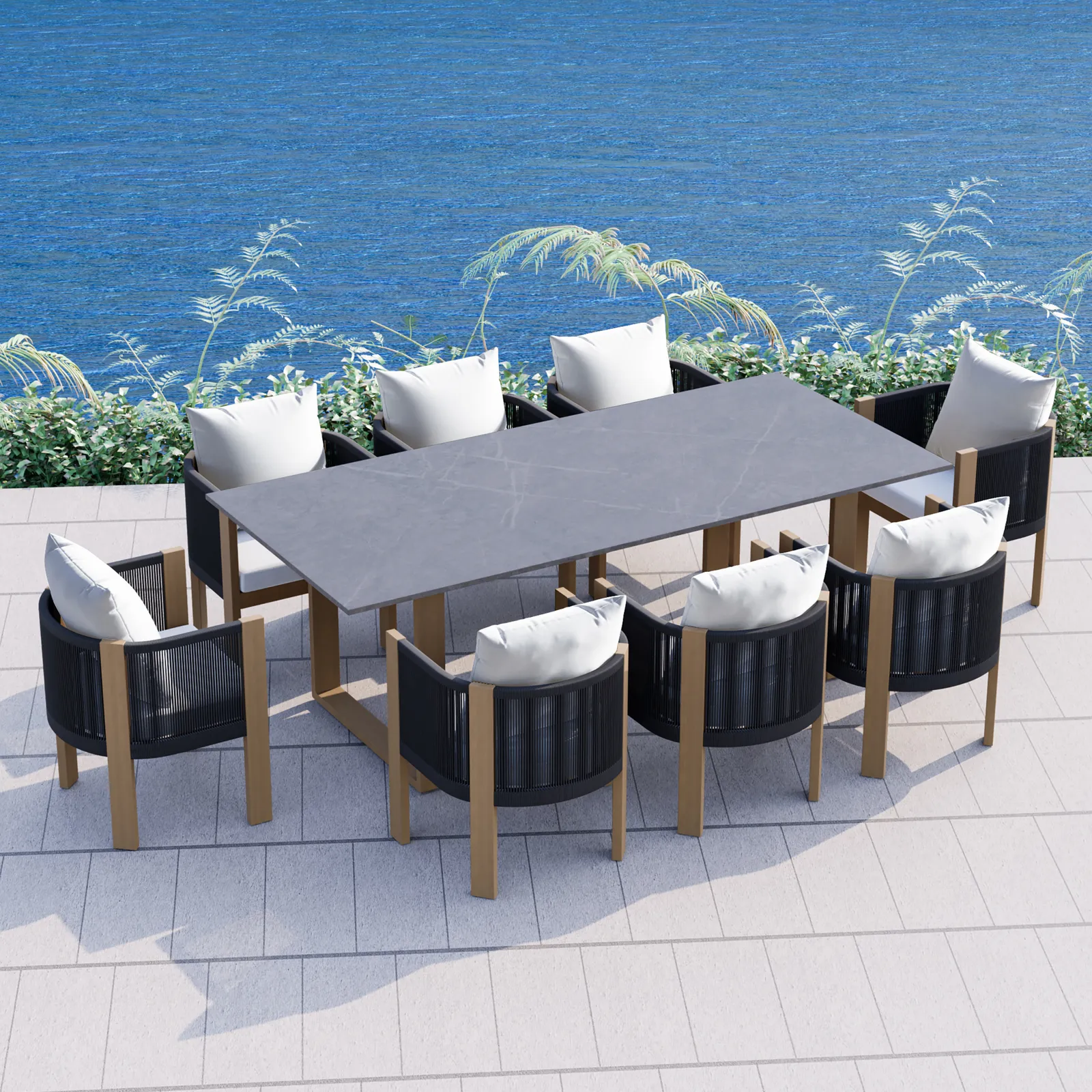 9 PCS 2200m Faux Marble Outdoor Dining Table Set with Woven Rope Chairs in Gray for 8 Person Patio & Yard Large Marble Outdoor Dining Table with Chair