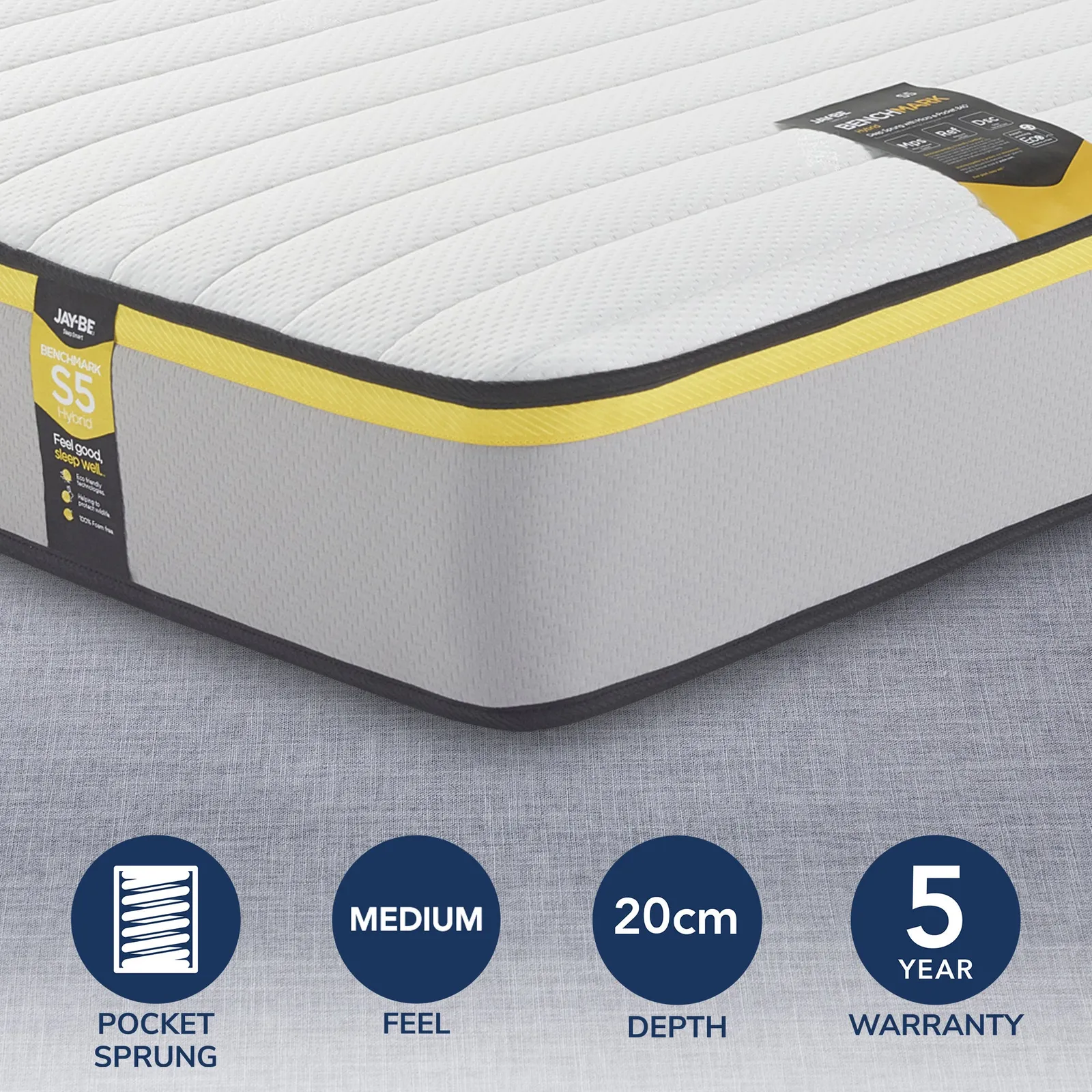 Jay-Be Benchmark S5 Hybrid Boxed Rolled Medium Pocket Sprung Mattress White