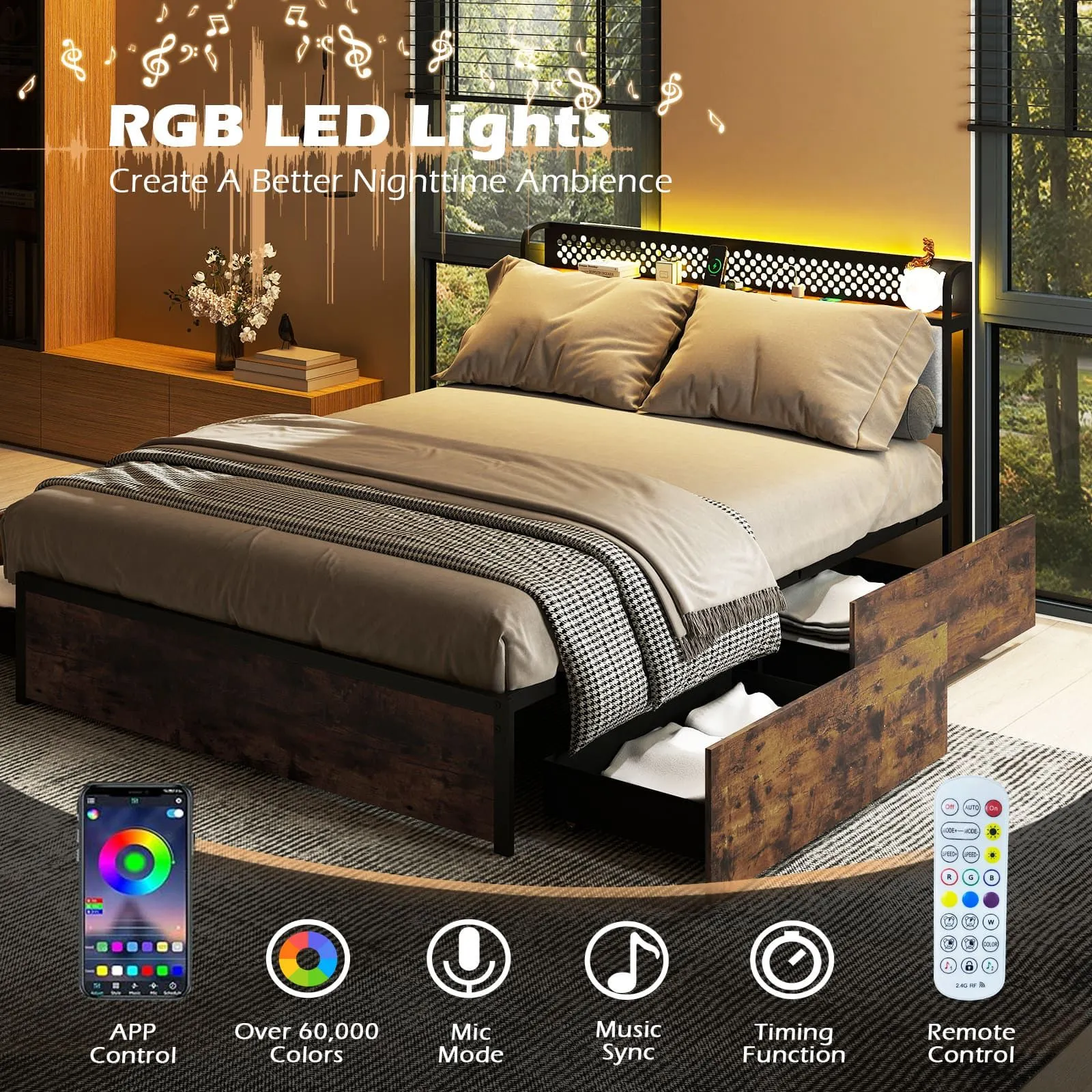 Costway King Bed Platform Bed with LED Lights & USB Power Outlets in Brown 4