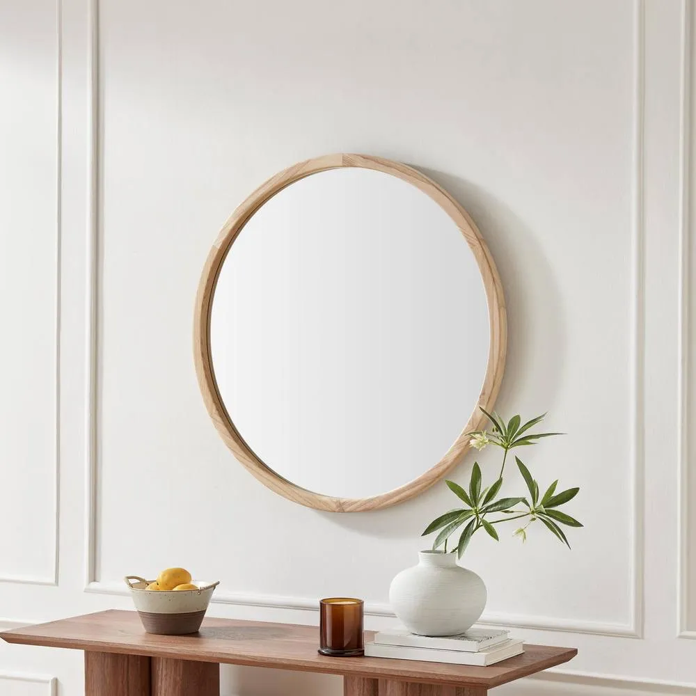 FurnitureboxUK Judith Oak Wood Medium 80x80cm Round Wall Mirror in Light Brown
