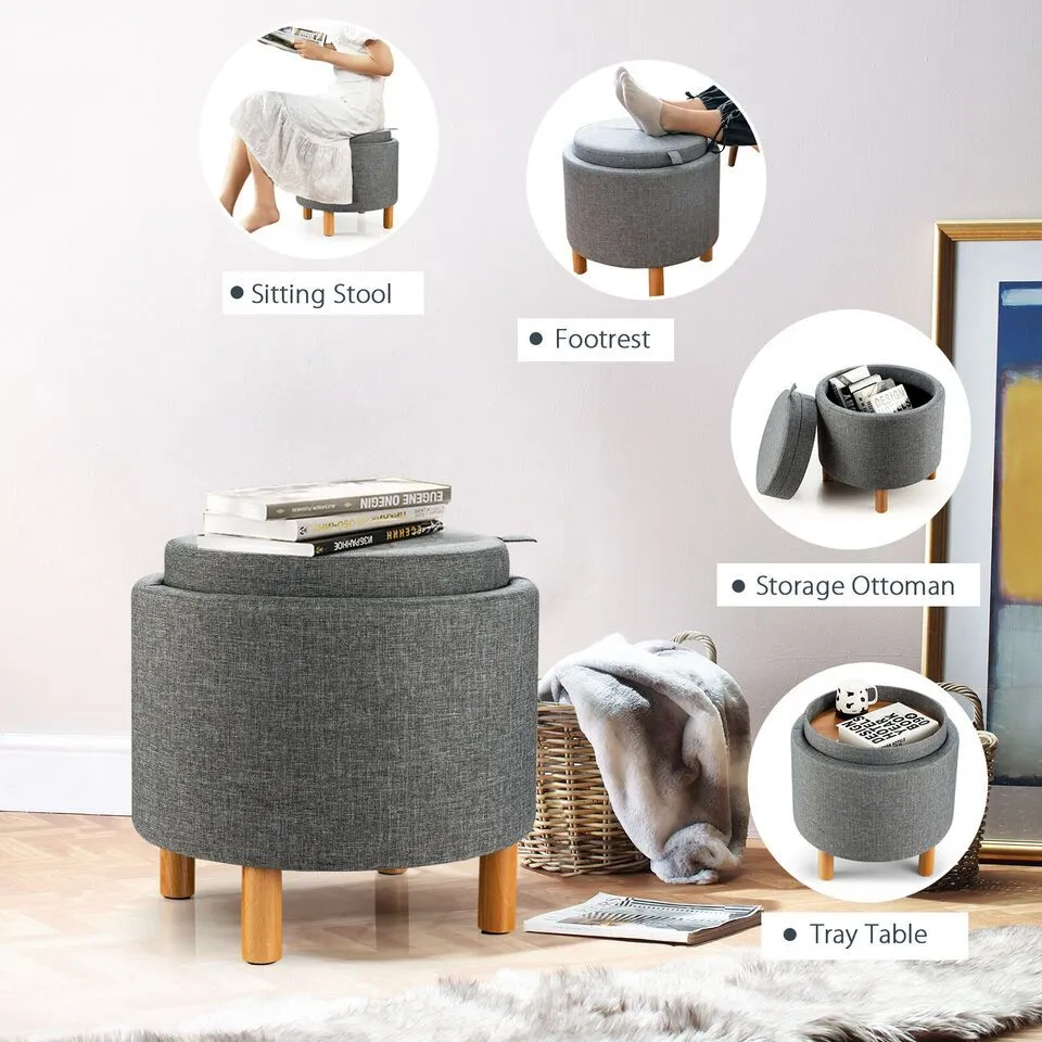 Costway Round Storage Ottoman w/ Tray Accent Fabric Storing Footrest w/ Non-Slip Pads in Grey 6
