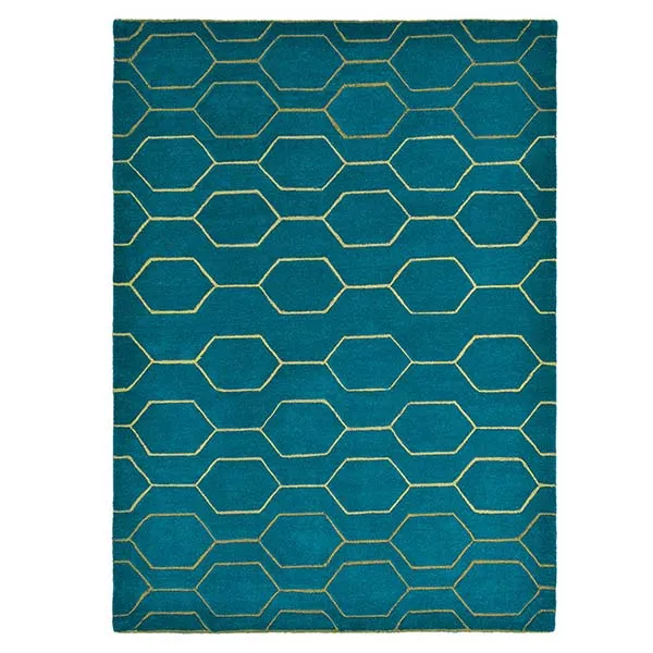Arris Teal Rug With Gold Detailing - Geometric Pattern - Made From Wool And Viscose - 120 x 180cm