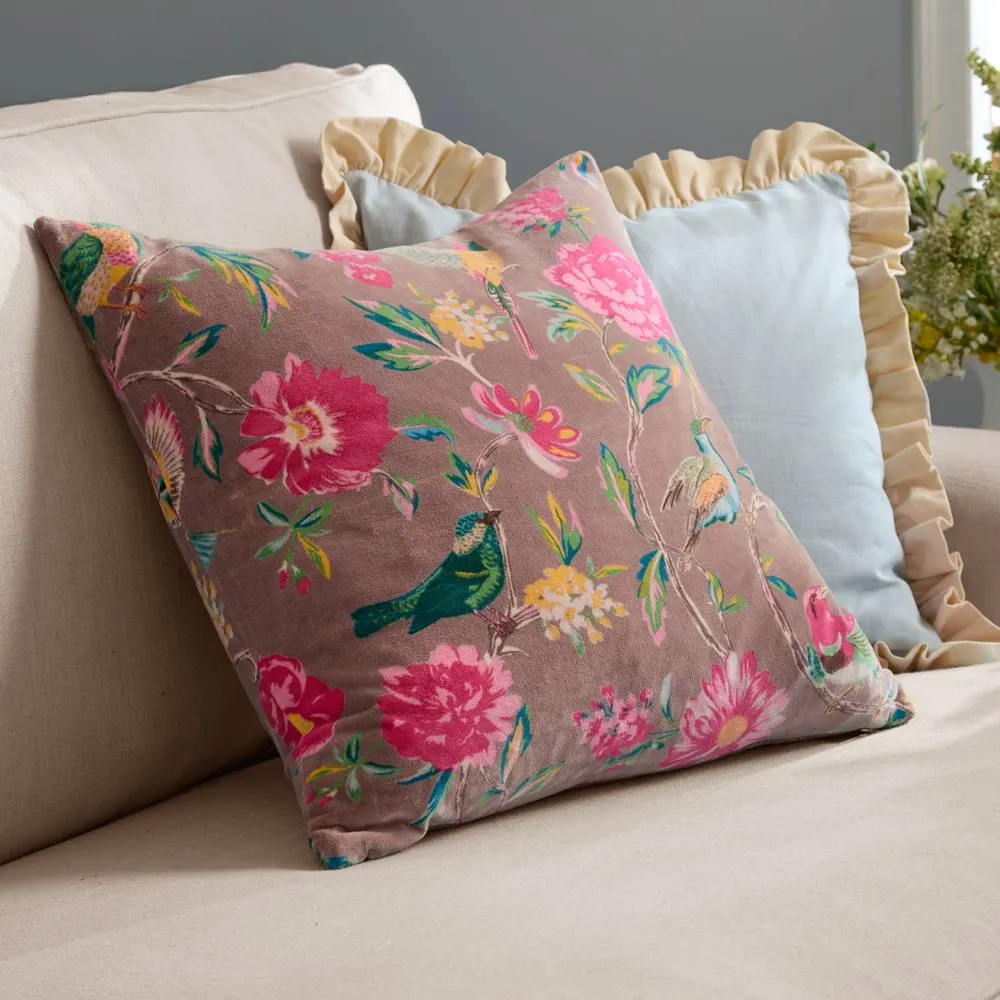 Wylder Aviary 100% Cotton Velvet Cushion in Dusty Pink 1