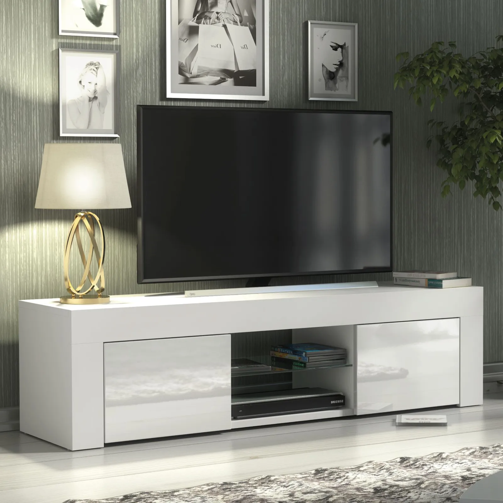 Creative Furniture TV Unit 130cm Modern - White with High Gloss Doors 6