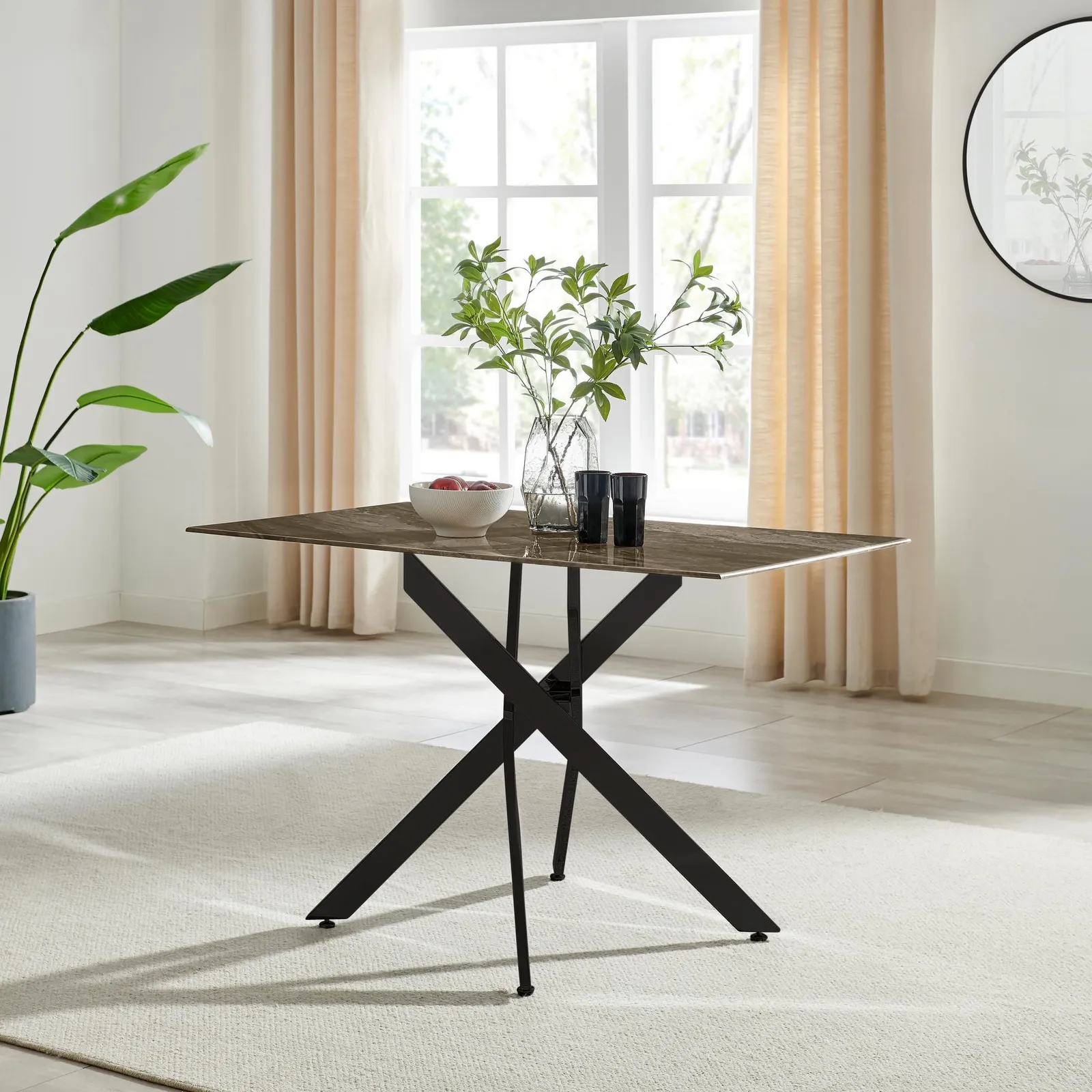 FurnitureboxUK Leonardo 4-Seater Dining Table With Marble Effect Glass Top & Black Metal Legs in Dark Brown 2