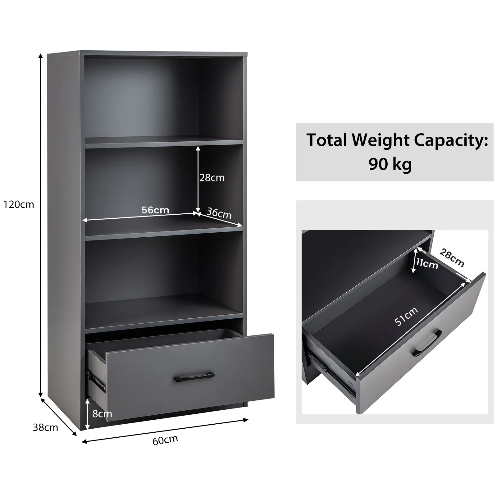 Costway 4 Tiers Storage Shelf Wood Bookcase Floor Standing Display Shelf with Drawer in Grey 3