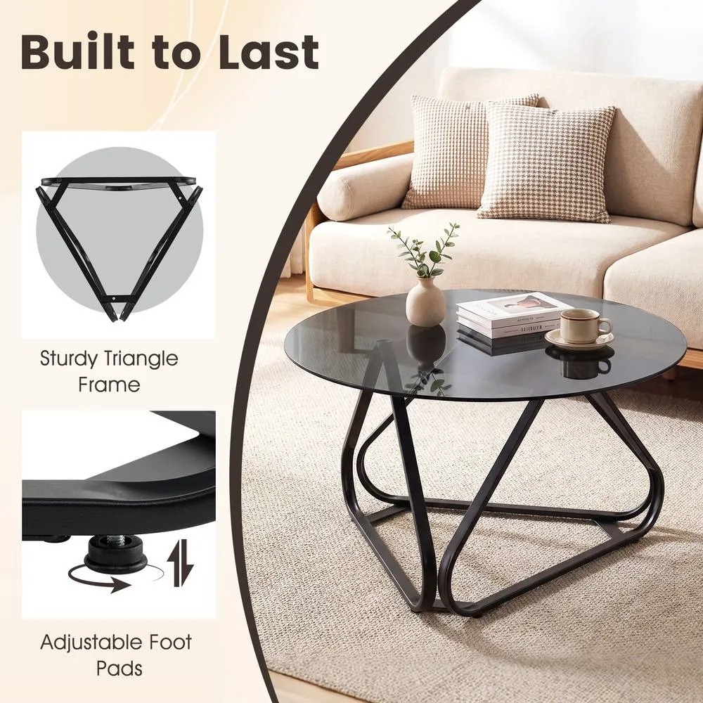 Costway Tempered Glass Coffee Table Round Accent Table Center Cocktail Table in Black 5