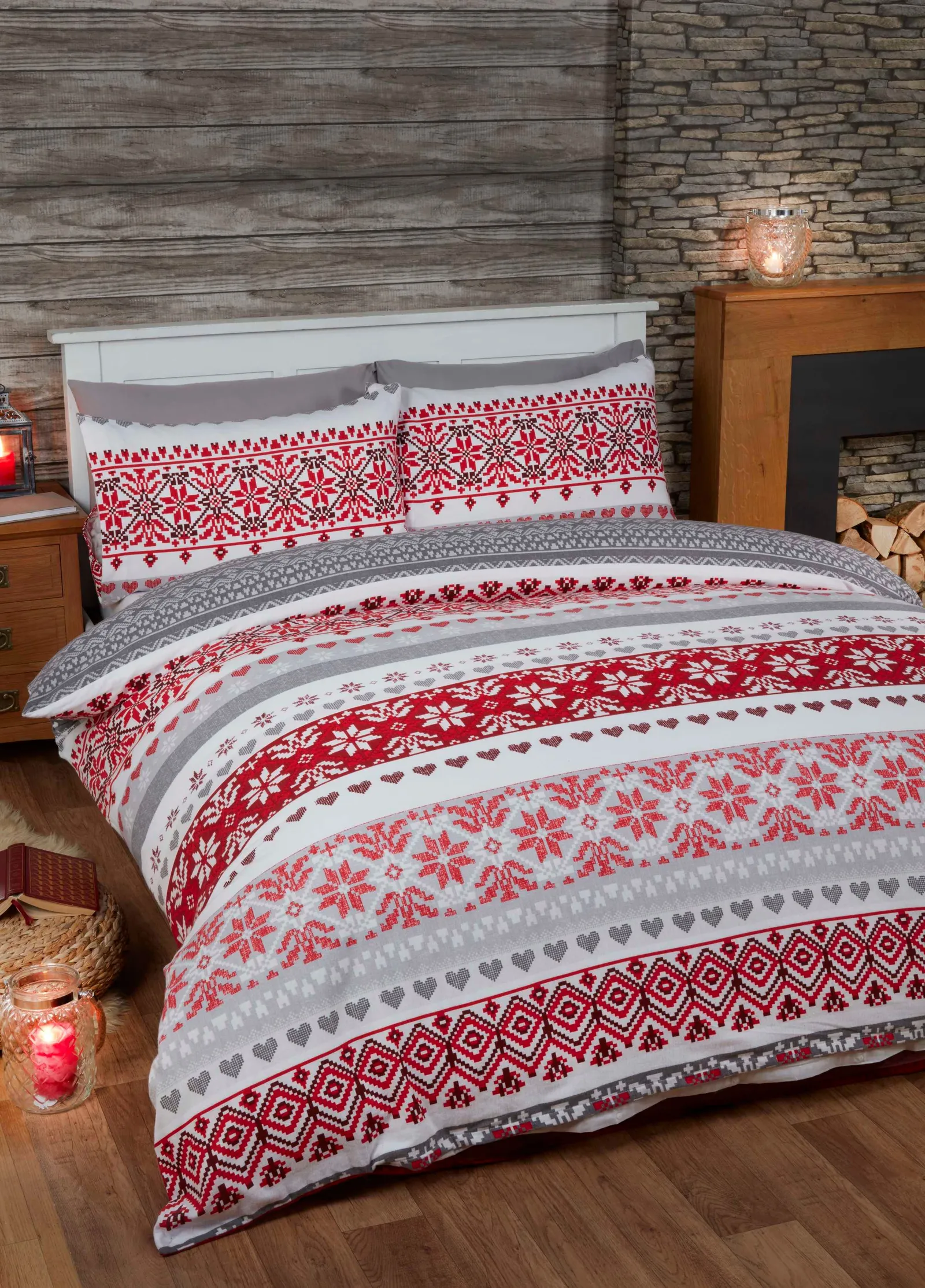 Rapport Home Fairisle Cotton Bed Cover Sheet Set with Pillowcase in Red 2