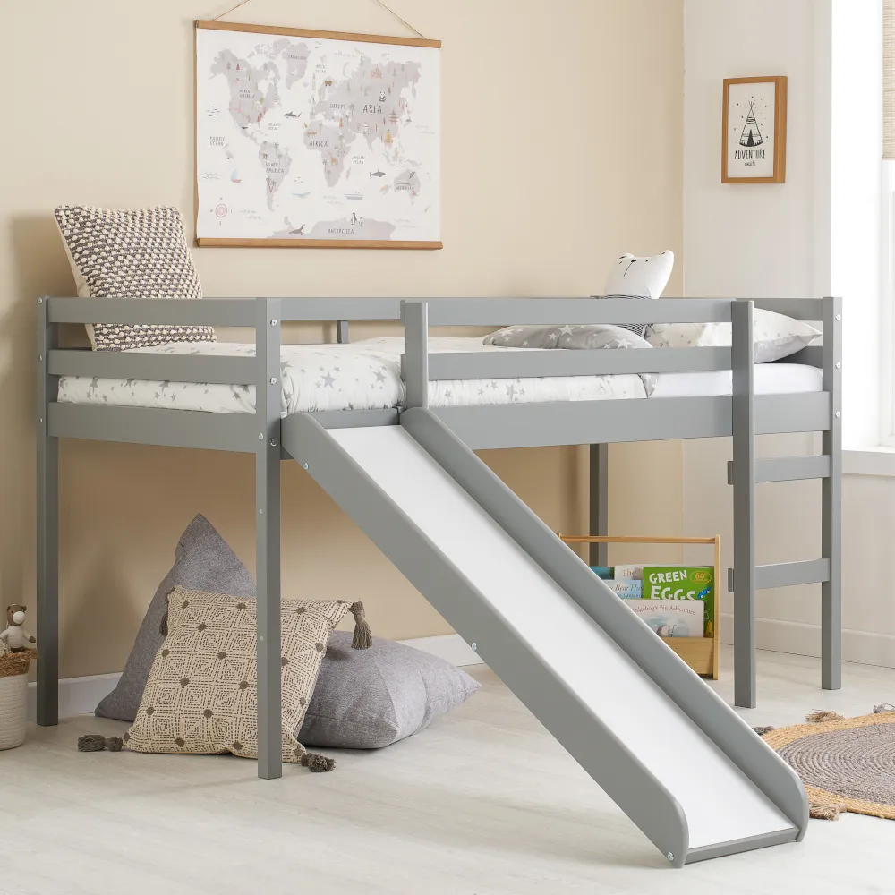Frankie - Single - Mid Sleeper with Slide - Grey - Wooden - 3ft - Happy Beds
