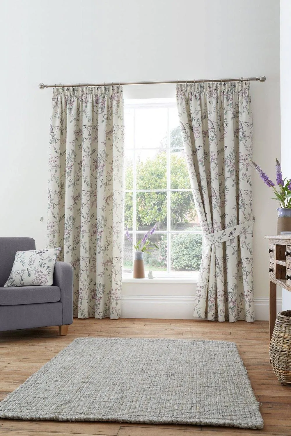 Dreams & Drapes 'Jazmine' 100% Cotton Floral Print Pair of Pencil Pleat Curtains With Tie-Backs in Lavender 2